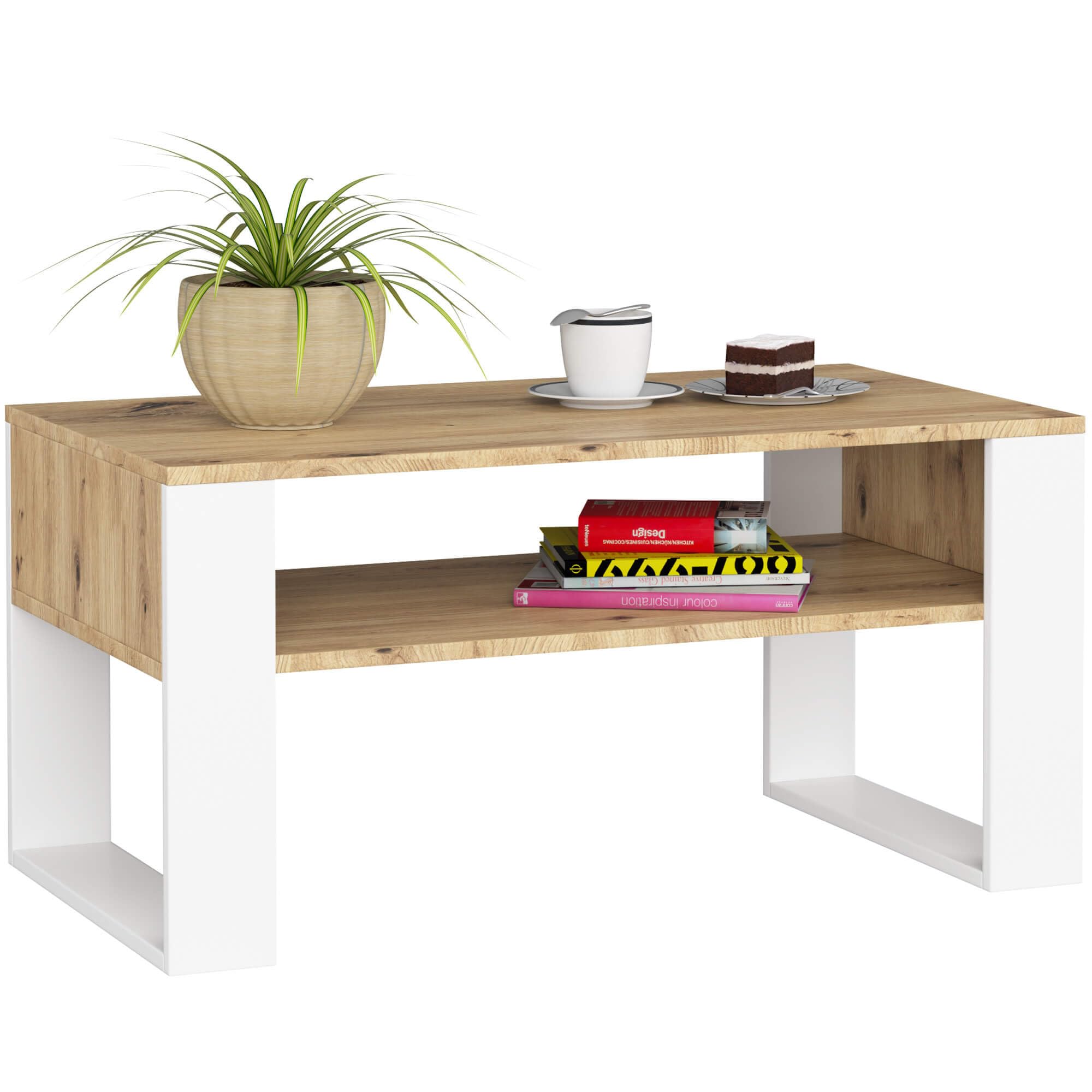 AKORD Mesa de Centro DOMI, Roble Artisan, 92 cm, Frontales Blancos Mate, 92x53x45 cm