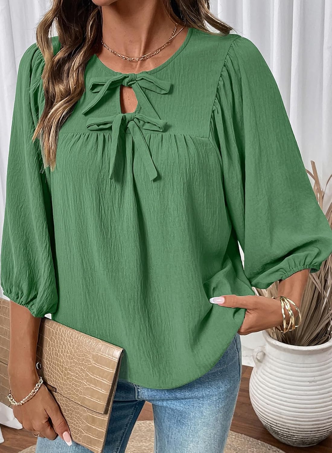 SHEWIN Womens Tops 3/4 Sleeves Blouse Babydoll Dressy Casual Top Elegant Bow Tie Loose Ladies Shirts 2026 - Image 4