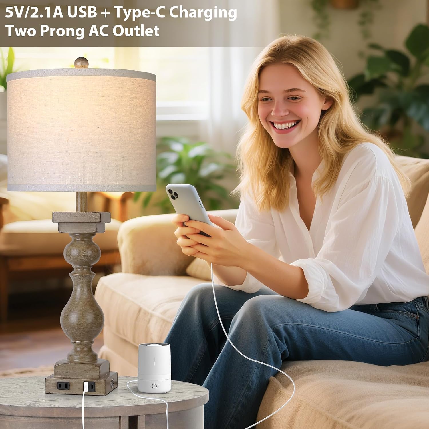 28" Tall Farmhouse Table Lamps Set of 2 with USB A+C Ports and AC Outlet, 3 Way Touch Rustic Bedside Lamps for Living Room, Brown Vintage Lamps for Bedroom