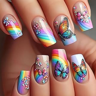 TBRZTR Butterfly Press on Nails Medium Length Rainbow Stripe Design Square Acrylic Nails Artificial Coffin Nails Colorful Butterfly Stick on Nails Full Cover Glossy Glue on Nails for Women 24Pcs