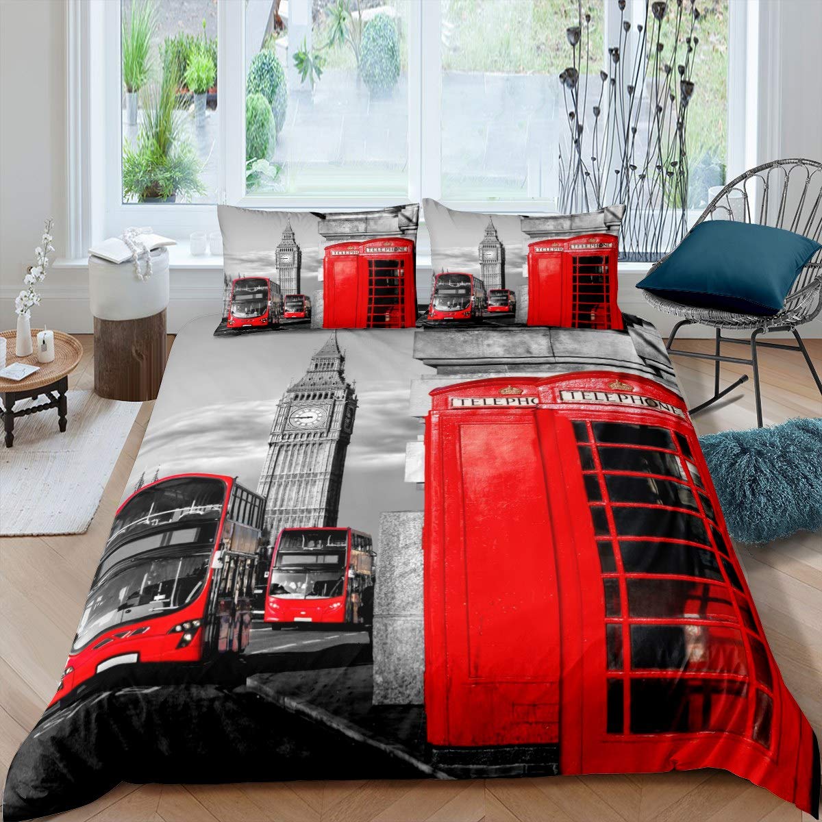 Loussiesd Boys Multi 17 London Big Ben Bedding Set Red Telephone Booth Bus Duvet Cover Set For Kids Girls British Style Comforter Cover London Cityscape Quilt Cover Bedroom Collection 3Pcs King Size