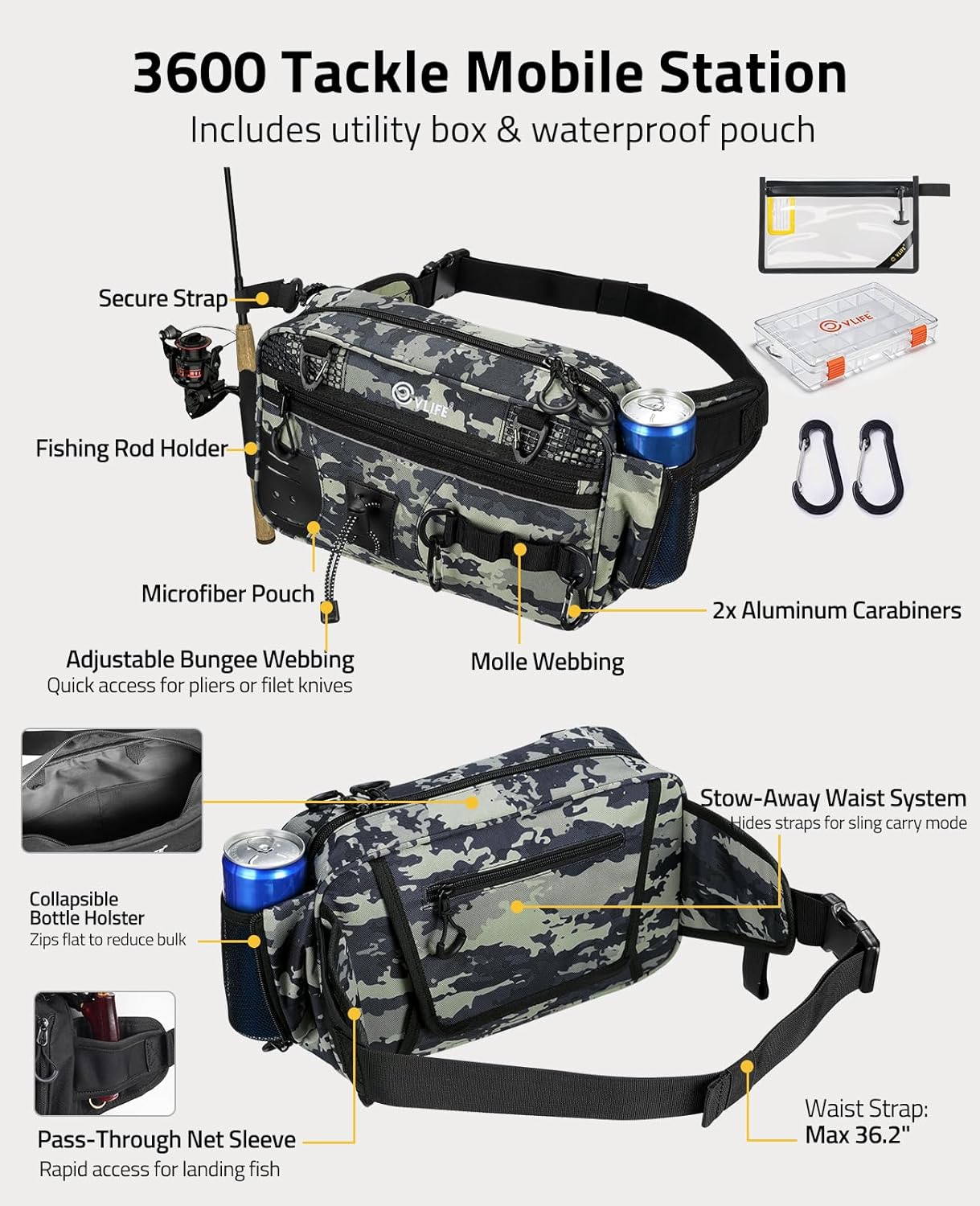 CVLIFE Fishing Tackle Bag Waist Pack with Rod Holder, Water Resistant Fanny Pack Includes 3600 Tackle Box, Waterproof Pouch & Carabiners, Convertible Sling Bag with Net Holster for Gear