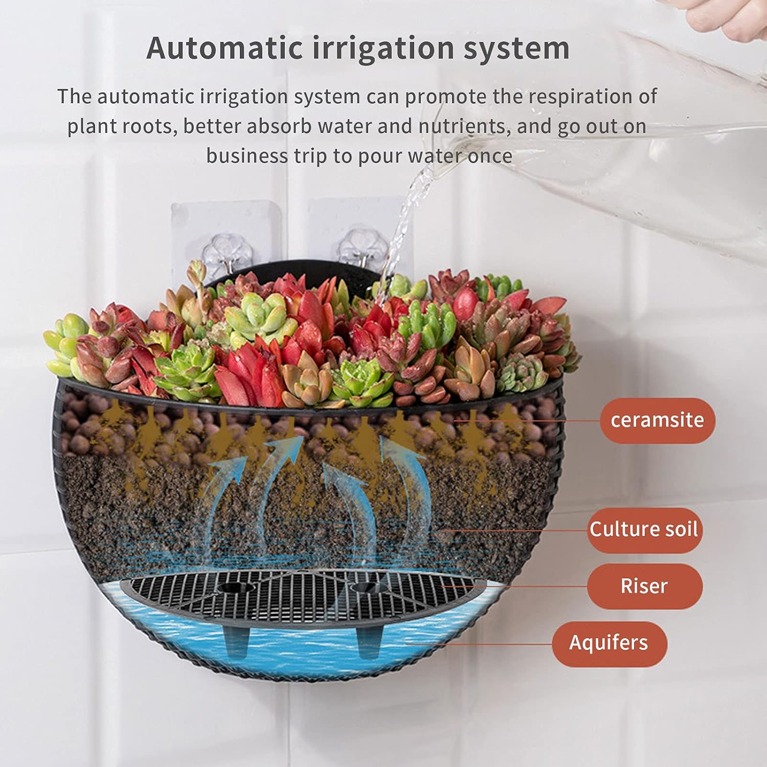 2 Pcs Imitation Rattan Wall Hanging Flower Pot, Semicircle Hanging Planters Outdoor with Drainage Hole and Hooks, Plastic Garden Hanging Basket for Balcony Fence (Brick red)