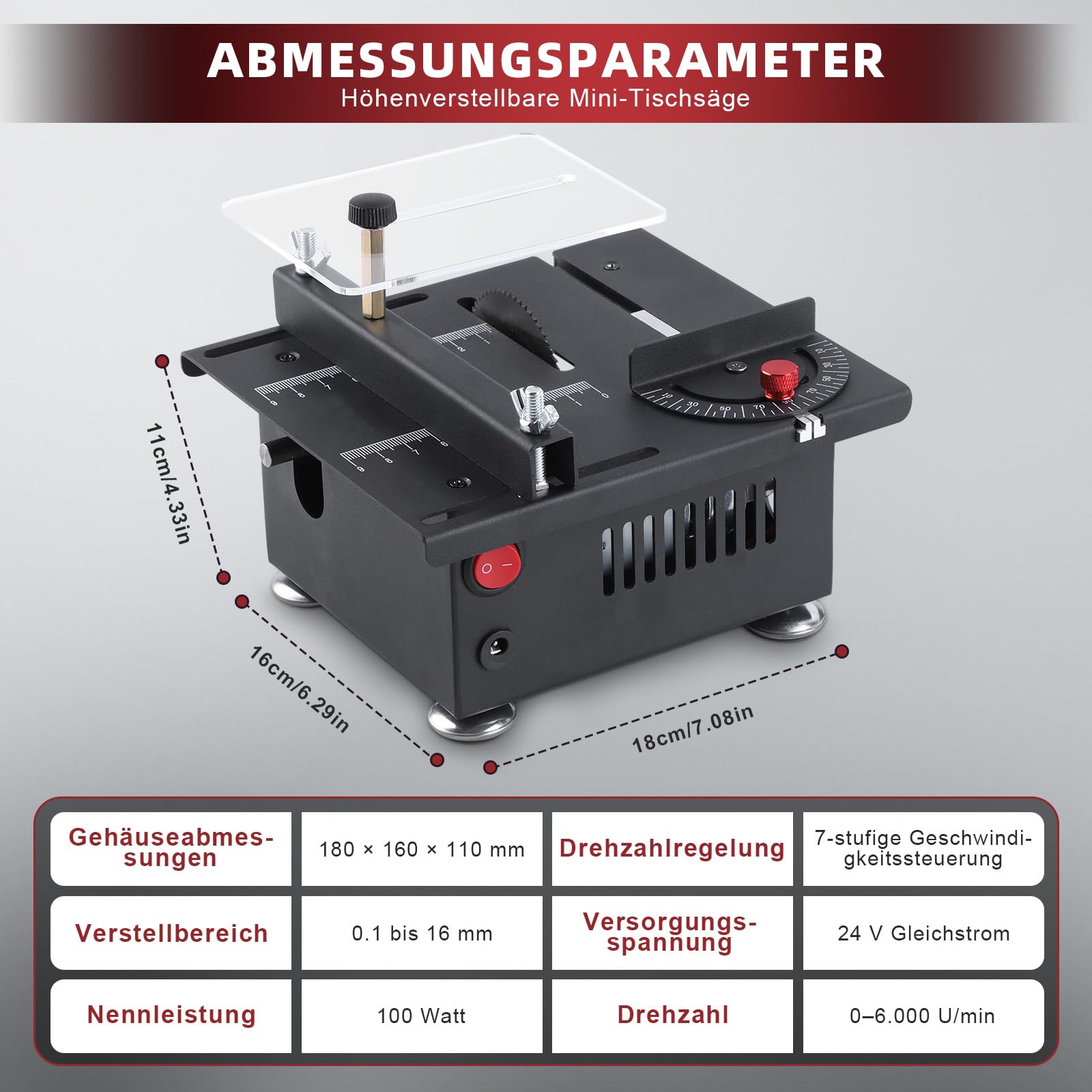 Mini tischkreissäge,100W mini kreissäge mit 4 Klingen,0,1-16 mm Einstellbarer Sägeblatthöhe,7-Gang-Drehzahlregelung,Multifunktionale tischsäge mit Flexwelle & Drehscheibe für Schleifen/Polieren/Bohrer