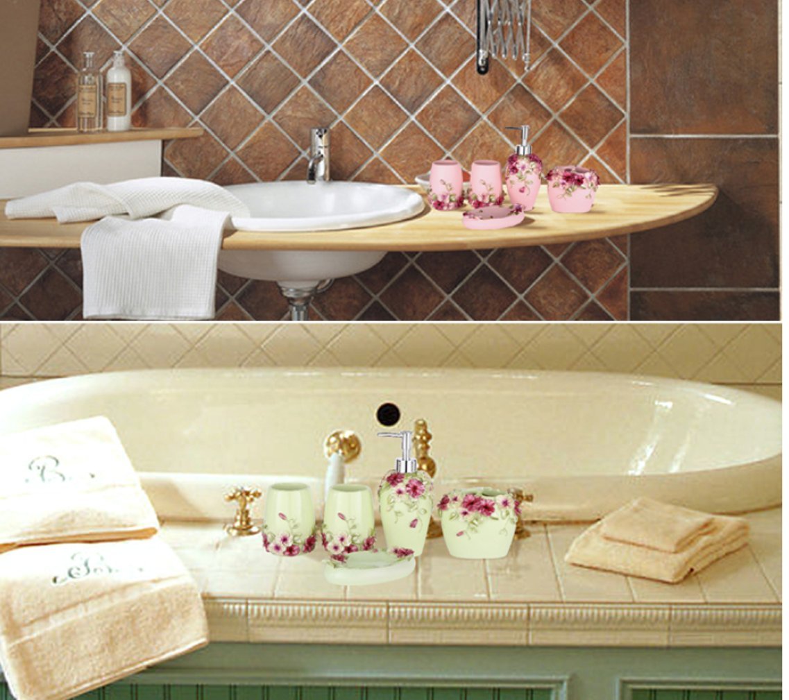 3D Blumen 5-teilig Badezimmer Set: Seifenspender Zahnbürstenhalter Zahnputzbecher Seifenschale für Hotel & Hause (Pink)