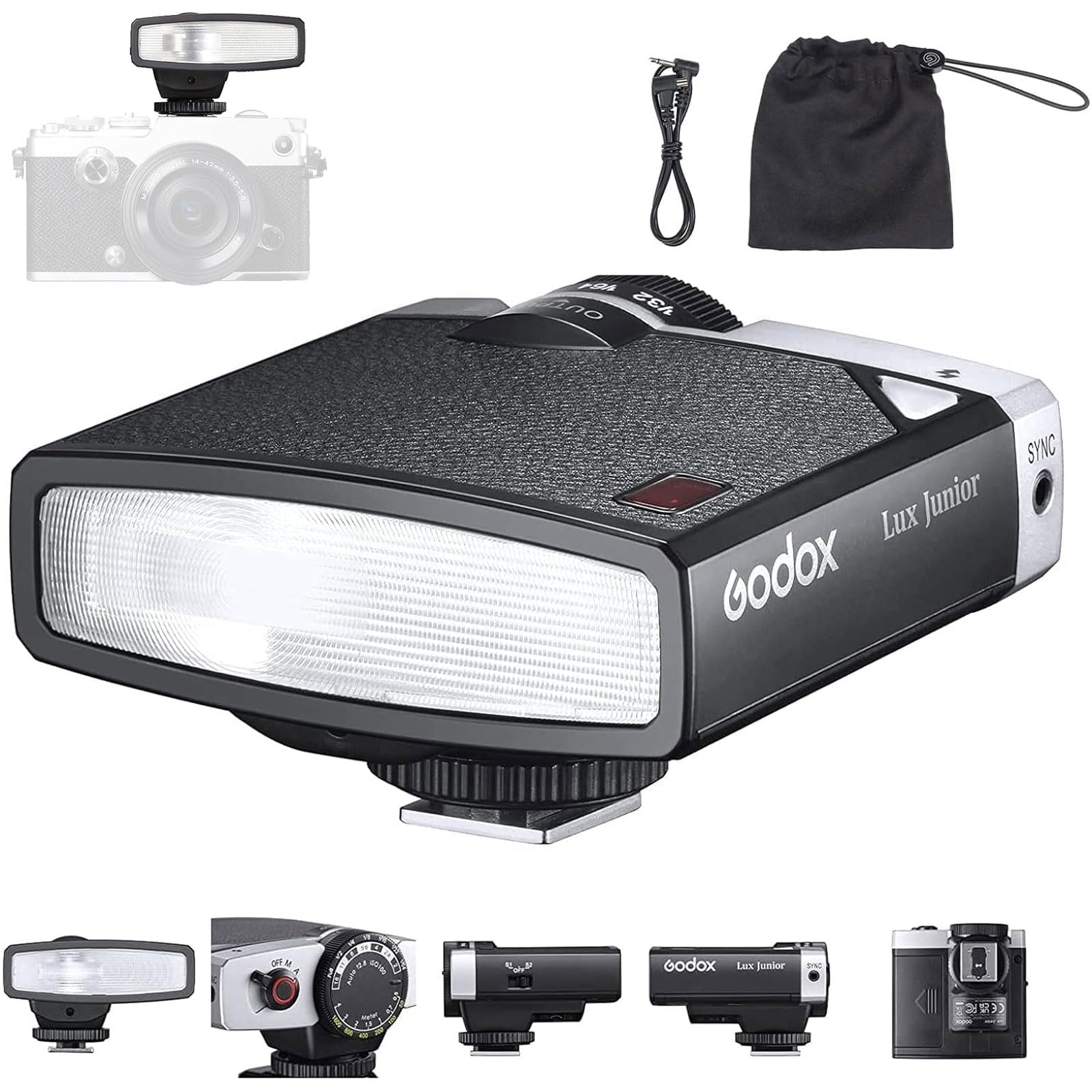 Godox Lux Junior Retro Flash pour Appareil Photo,Speedlite GN12 6000K ± 200K CCT,Modes Automatiques et manuels 1/1-1/64 Puissance 28mm pour Appareils Photo Canon Nikon Sony Fuji Olympus