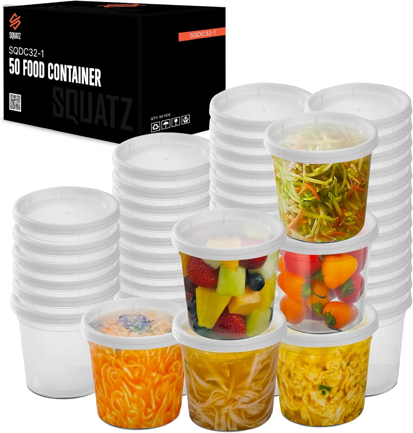 50 Microwavable Food Container - 32oz Translucent Meal Box Storage with Lids, Ideal for Storing Soups, Condiments, Sauces, Dressing, Fruit, Baby Food, Healthy Snacks, and Leftovers, Large SQUATZ