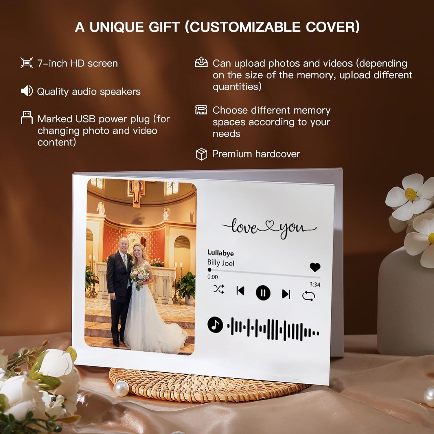 Wedding Video Book, Custom Cover,Customized Mother's Day Gifts Couple's Gift,Birthday Gifts,Custom Music Plaque,Personalized Gift, 7 Inch IPS Display, Up to 3 Hours of Video, White, Wedding Gift