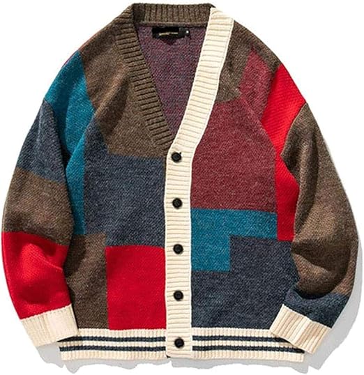 Men Patchwork Cardigan Mens Fashion Knitted Sweater Button Coats