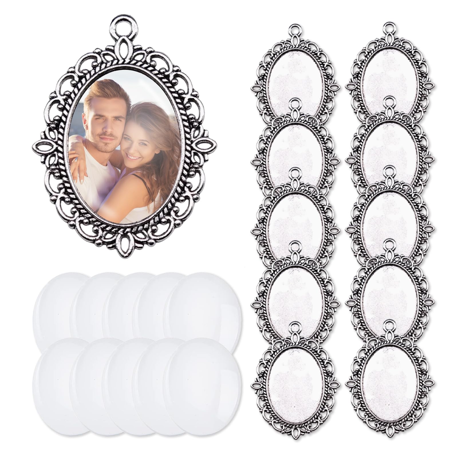 UAIAGM 20Pcs Photo Charms Cabochon Blanks Set 10Pcs Large Oval Pendant Trays with 10 Glass Cabochons for Memorial Jewelry Making Bridal Bouquet Charms