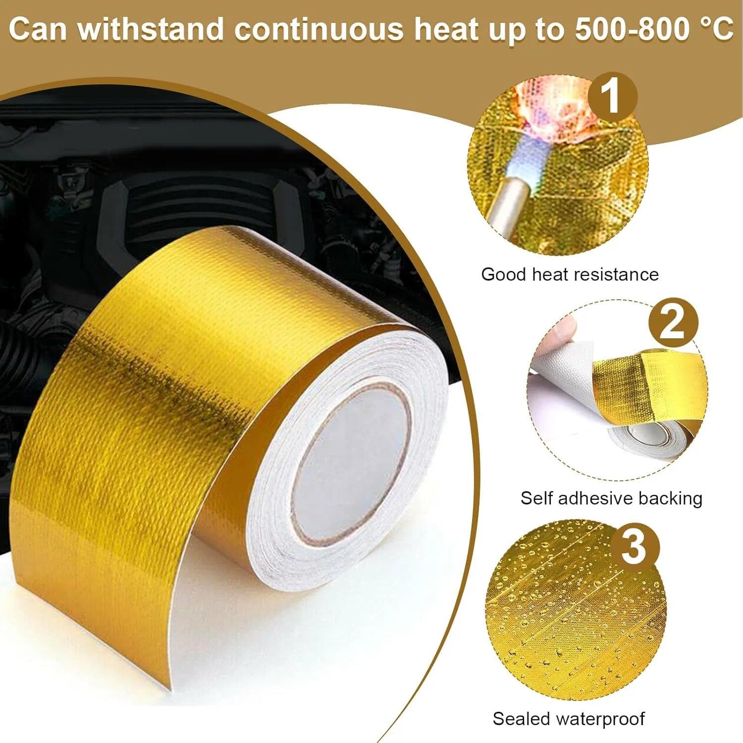 10m x 5cm Cinta Anticalorica Escape Adhesiva Aluminio ,Cinta Aislante Termica Dorada, Cinta Anticalorica Admisión, Cinta de Protección Térmica para Escape Para Auto Coche Motocicleta Pipa de Escape