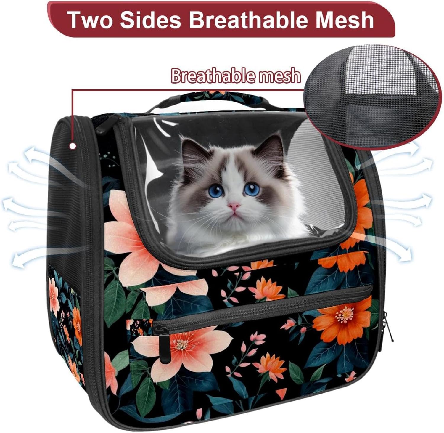 Portable Travel pet Backpack Carrier Hamster Bag Small Dog cat Carrier Breathable Hang Bag, Flowers and Green Leaves