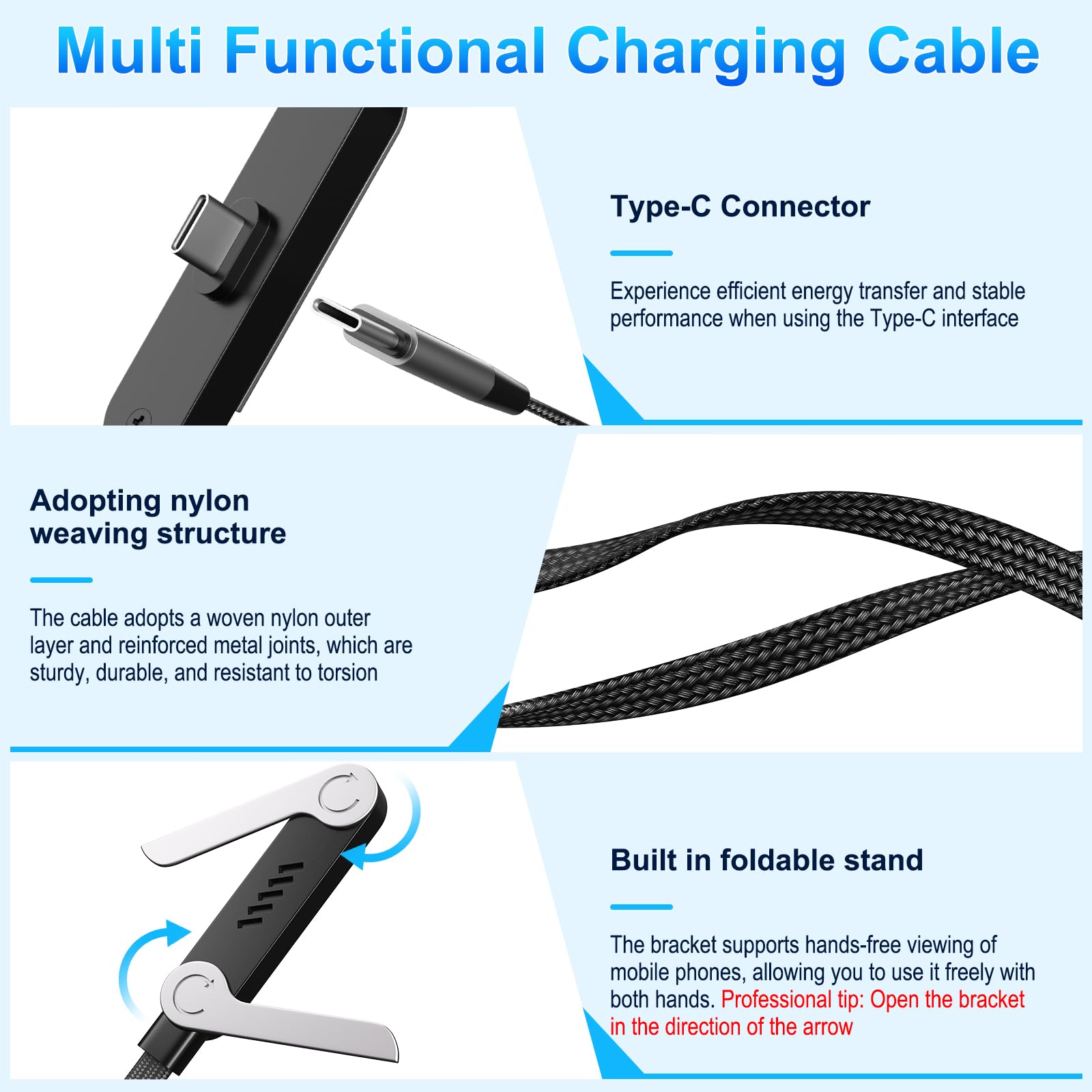 240W Braided Fast Charge Cable, 2026 New Invisible Holder Charger Cable with Stand, 4.92ft Foldable Durable 240W Stand Data Cable USB-C Cord 90 Degree Right Angle USB C Cable, Type C to Type C (1)