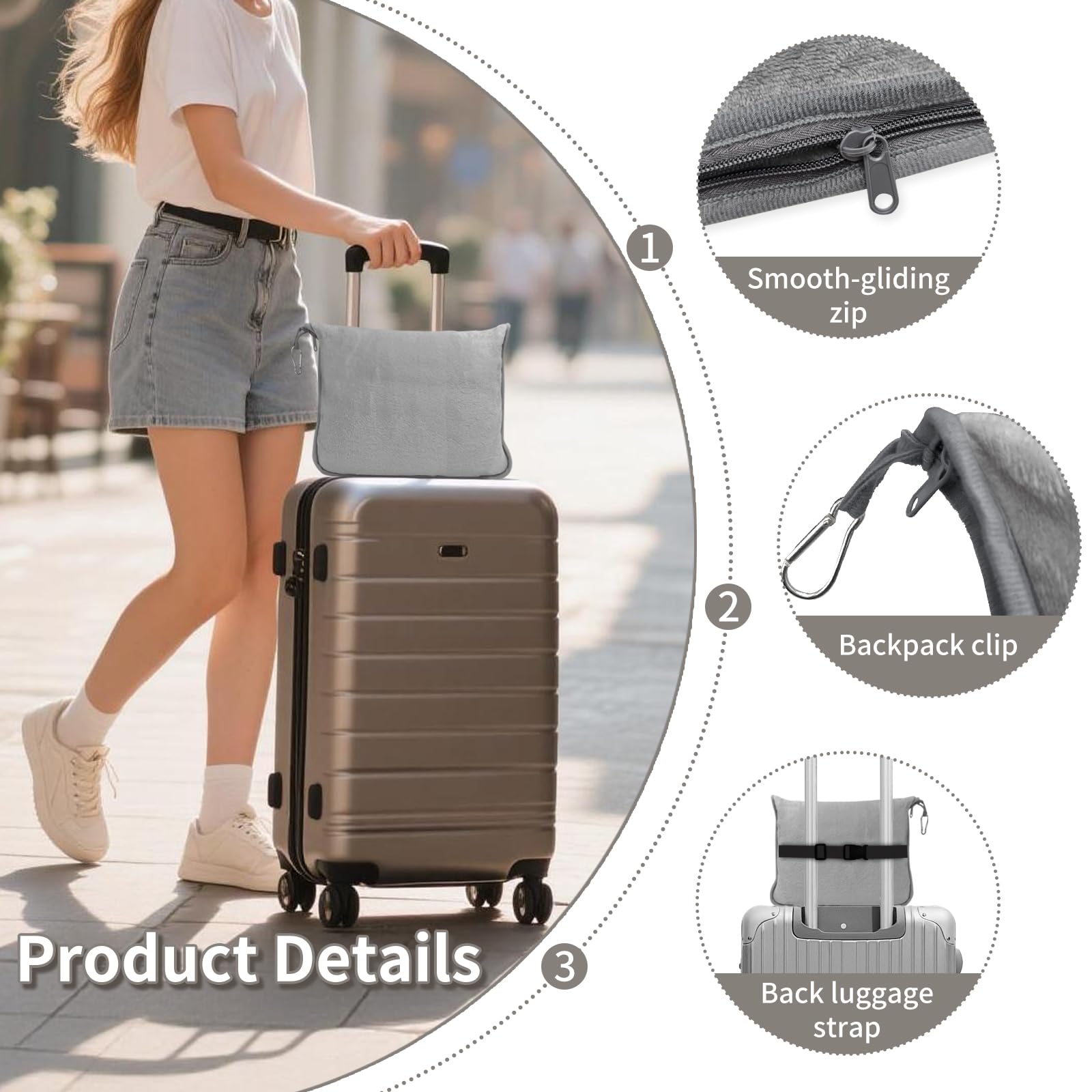 Couverture de Voyage 2 en 1 pour Avion,Voiture et Bureau Douce et Chaude Couverture et Oreiller de Voyage Portable avec Clip Sac à Dos pour Adultes,Enfants,Femmes,Hommes-Gris