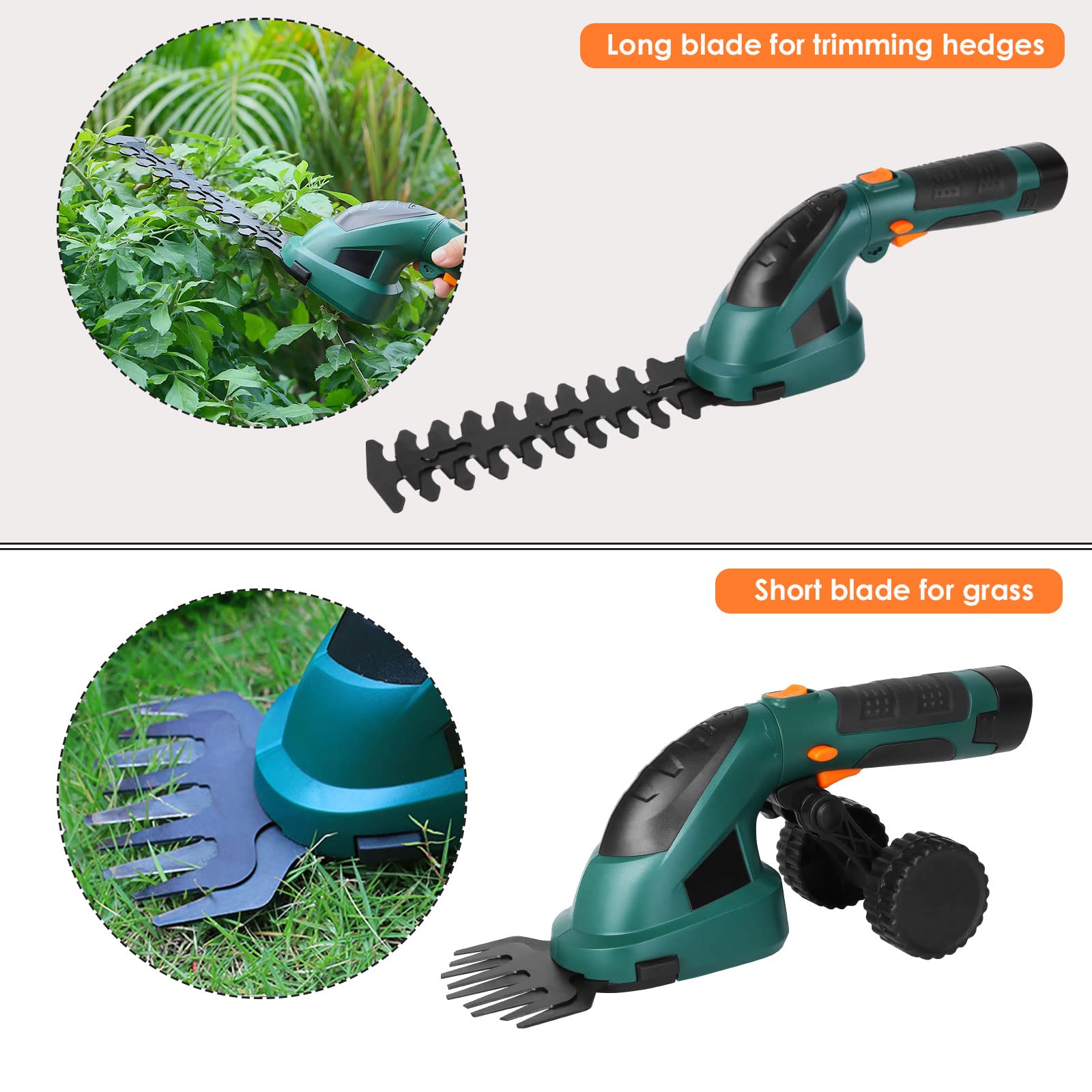 Akku-Grasschere 7,2V 2000mAh 2-in-1 Rasenschere Heckenschere mit Teleskopstiel Akku und Ladegerät Strauchtrimmer handliche Grasscheren mit 2 Verschiedene Messer