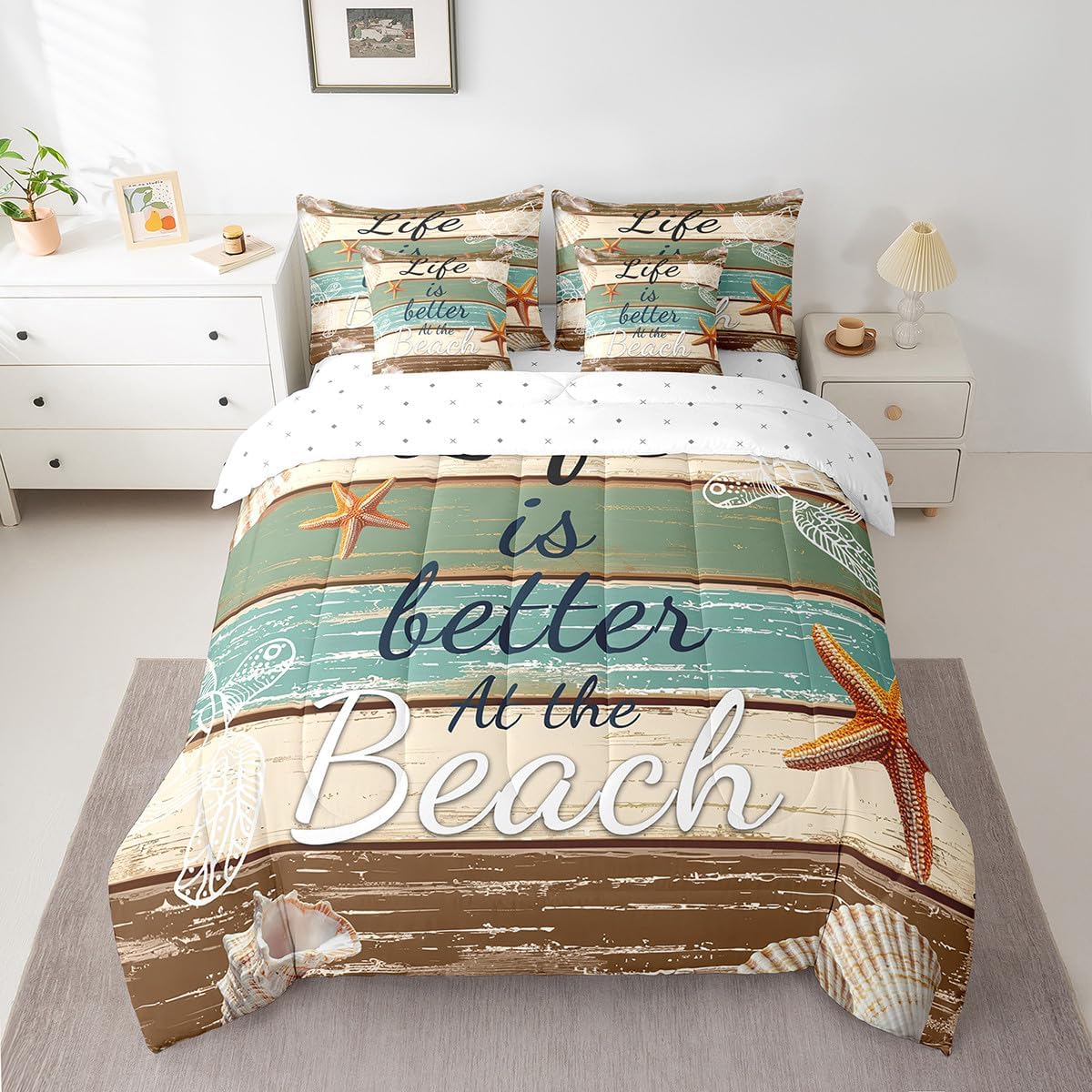 Queen Beach Bedding Set 7 Piece Kids Sea Turtle Starfish Bed In A Bag, Tortoise Coastal Sealife Comforter Set With Sheets Rustic Farmhouse Wooden Board Bed Sets For Boys Girls Teens Women Bedroom