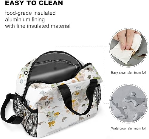 Miniatura 6 de Bolsa de almuerzo para mujeres, niños, niñas, niños, aislada, mapa del mundo animal, multicolor, impreso, lonchera térmica con soporte para botella