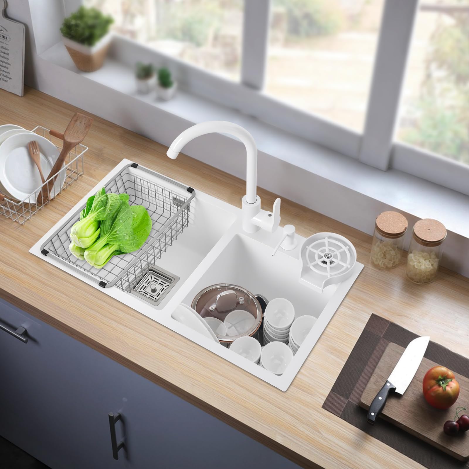 Fregadero de cocina de 2 cuencos, fregadero doble, fregadero empotrado, de acero inoxidable, con grifo y escurridor, juego de fregadero de acero inoxidable, fregadero doble para cocinas, cafés, bares