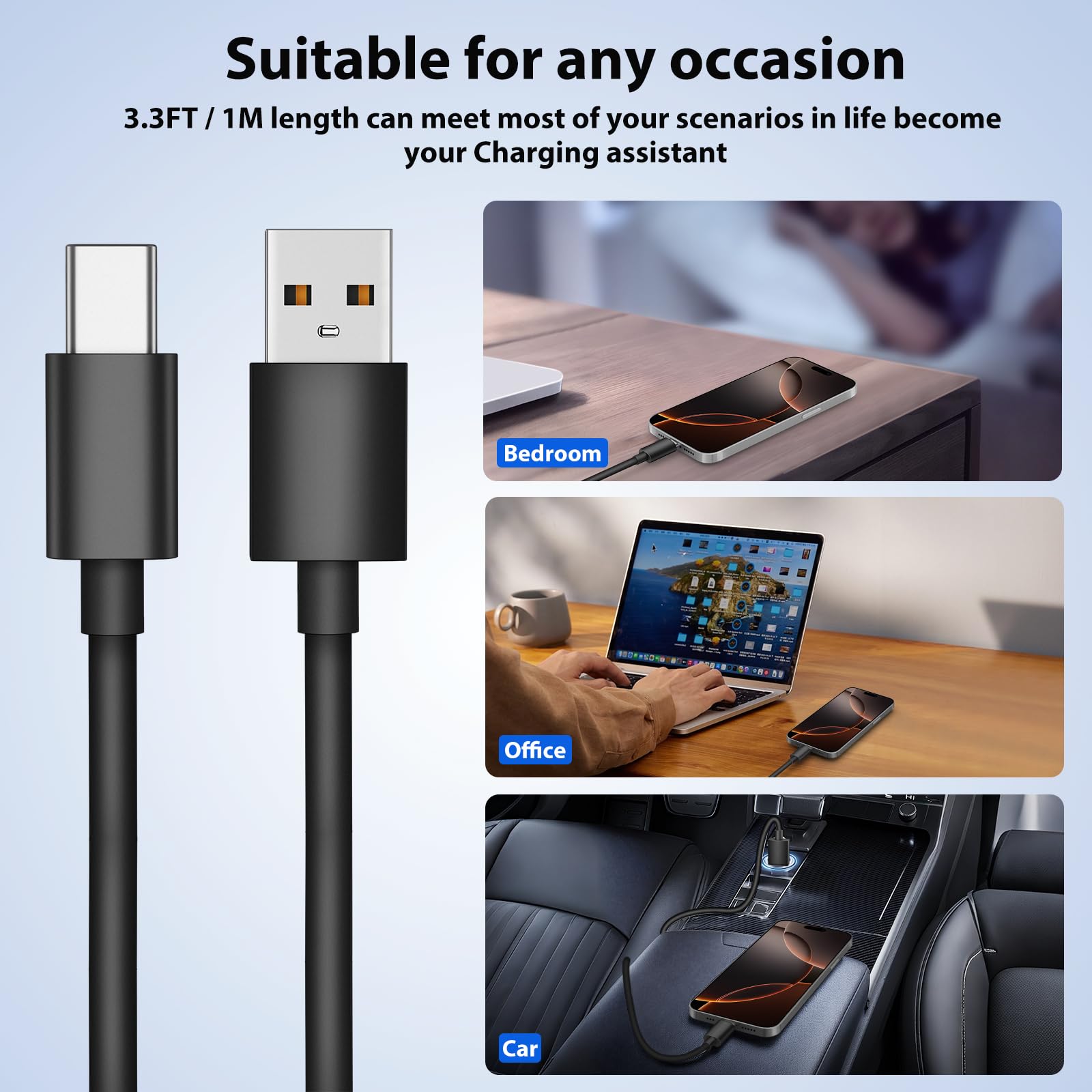 Cable USB a USB C de 3 pies, punta extendida de 10 mm, cable de carga rápida para iPhone 16 15/Samsung S25 S24 Ultra S23 S21 S20 S10/Blackview OUKITEL AGM teléfono resistente, tablet Fire, interruptor