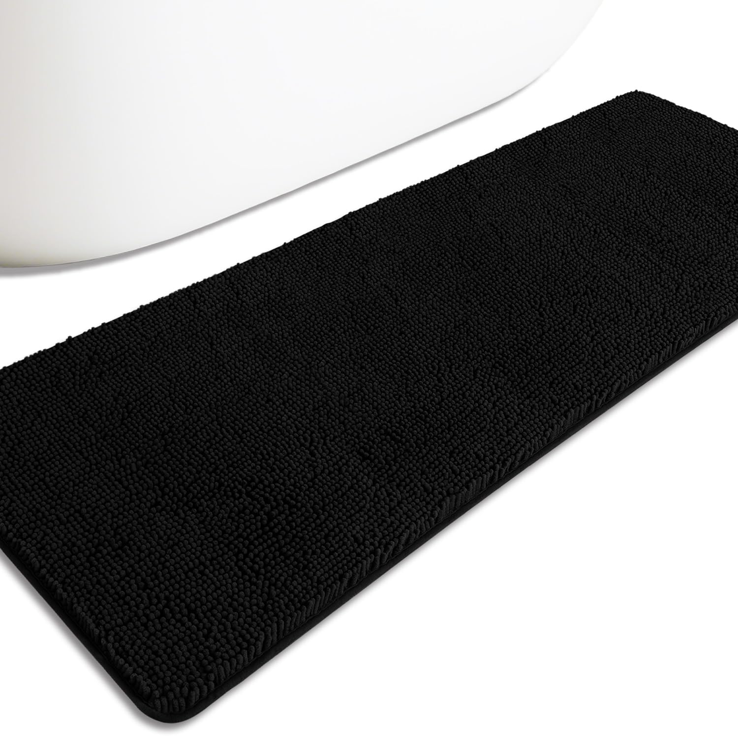 PureSwan Bathroom Runner Rug 24 x 72 Non Slip – Extra Long Bath Mat | Absorbent and Washable Thick Chenille Runner Rug for Bathroom, Shower, Tub, Sink(Black)