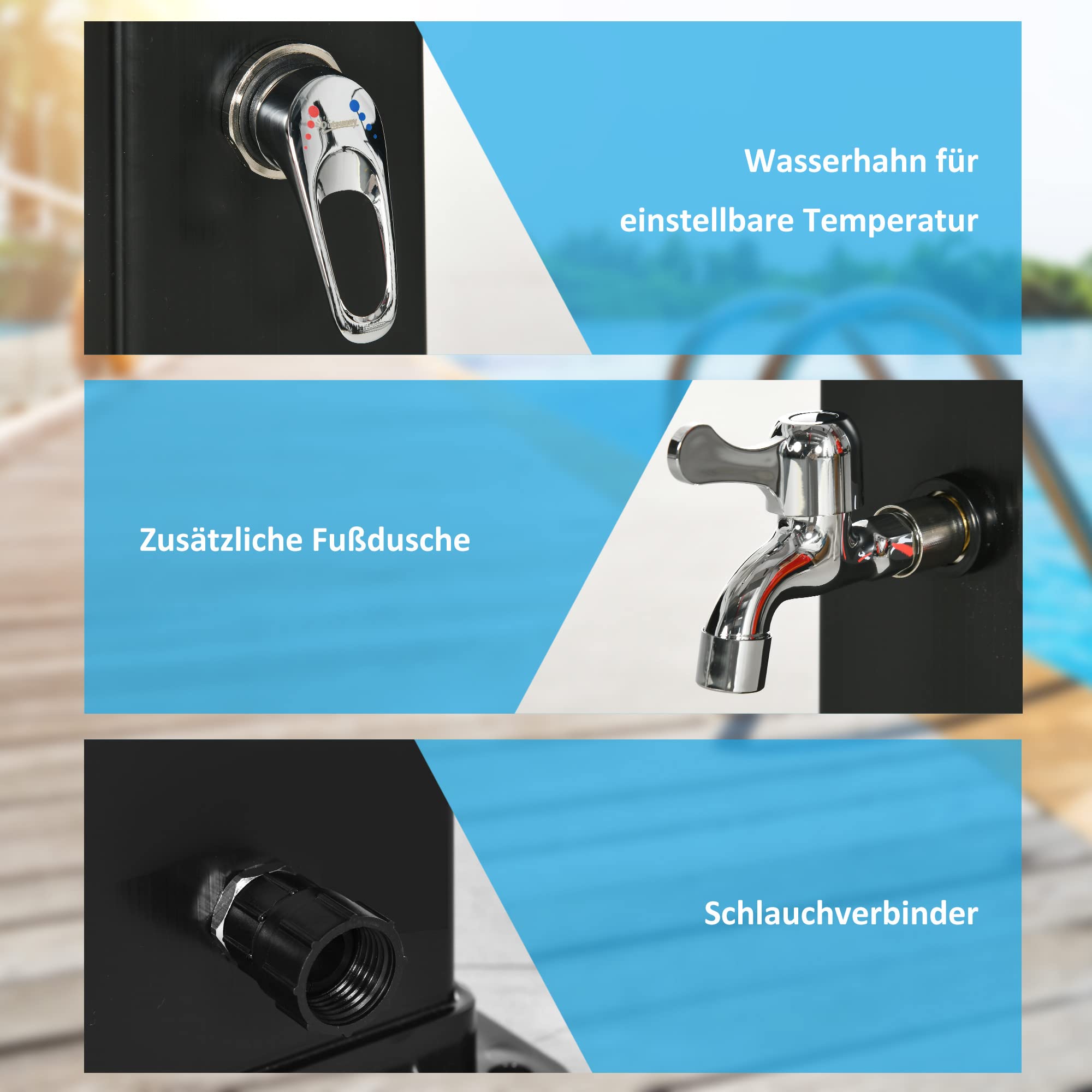 Outsunny Solardusche 40 Liter Solar Gartendusche mit Wasserhahn Duschkopf, bis 60 °C, Aussendusche ohne Stromanschluss Pooldusche Campingdusche Regendusche warmes Wasser