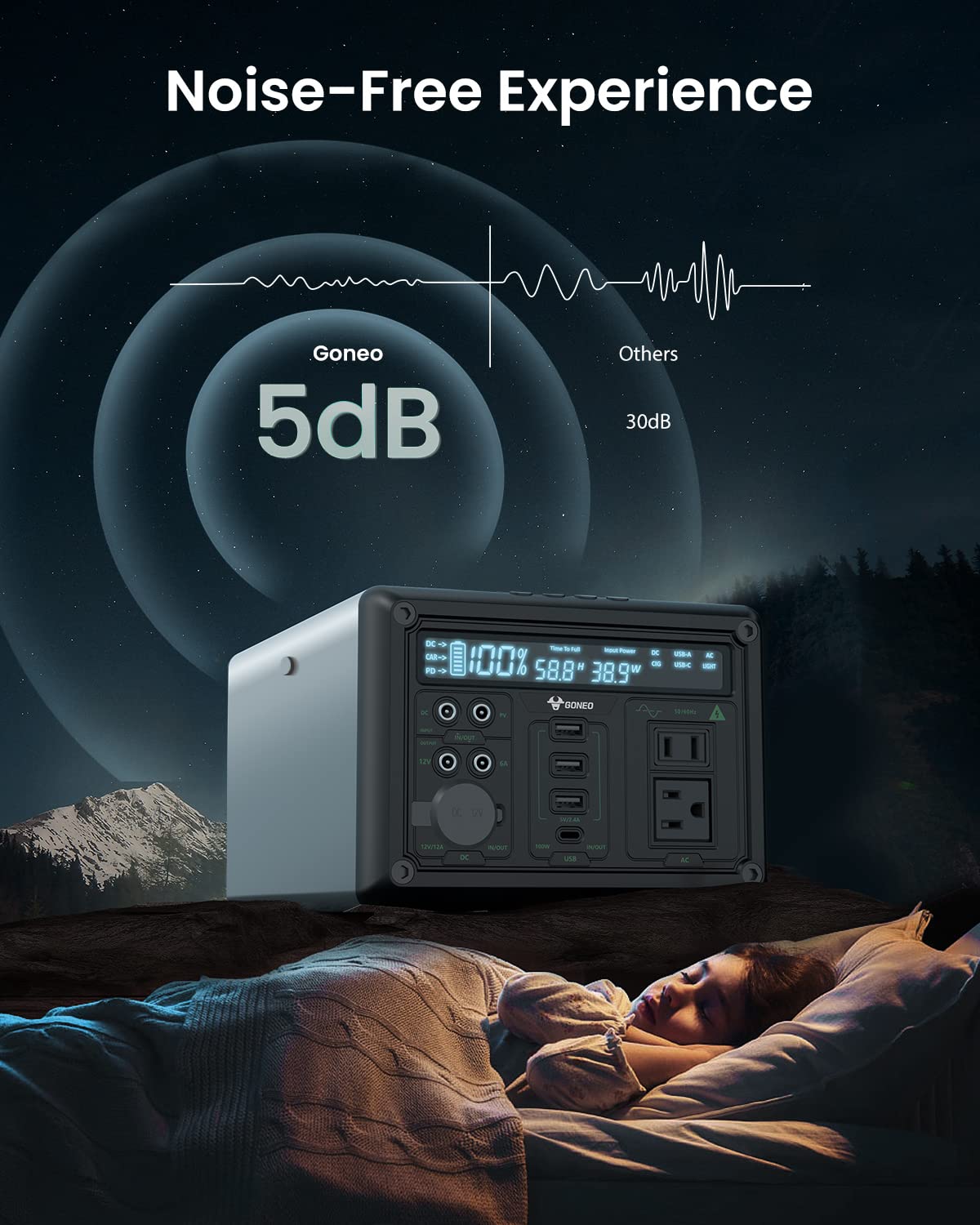 GONEO Power Station operating quietly at 5dB next to a sleeping person in a tent