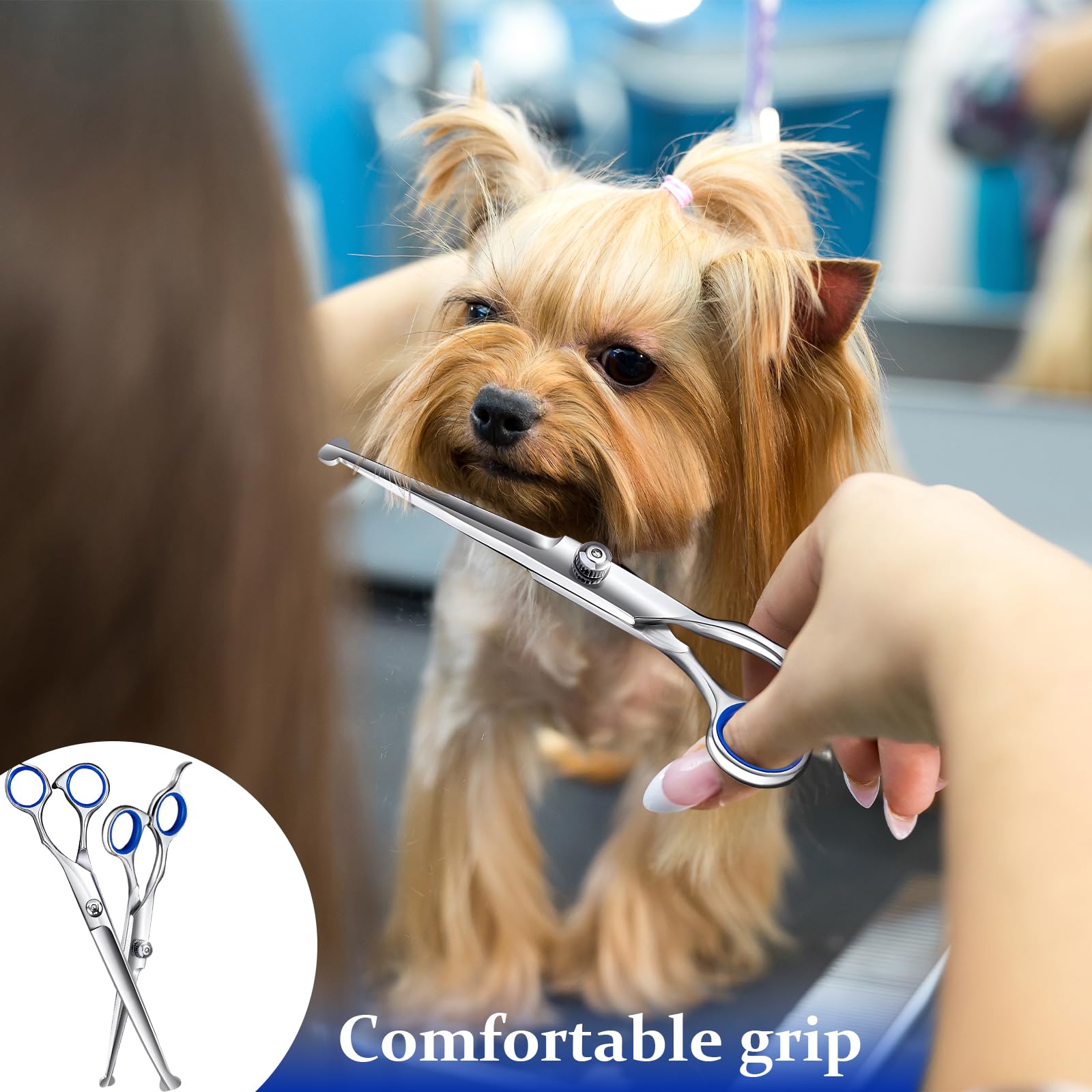 Ciseaux de Toilettage pour Chiens, Acier Inoxydable avec Pointe Ronde de Sécurité, y Ciseaux à Effiler Chien, Ciseaux Courbes Chien, Ciseaux Droits, Peigne, pour Chiens Chats