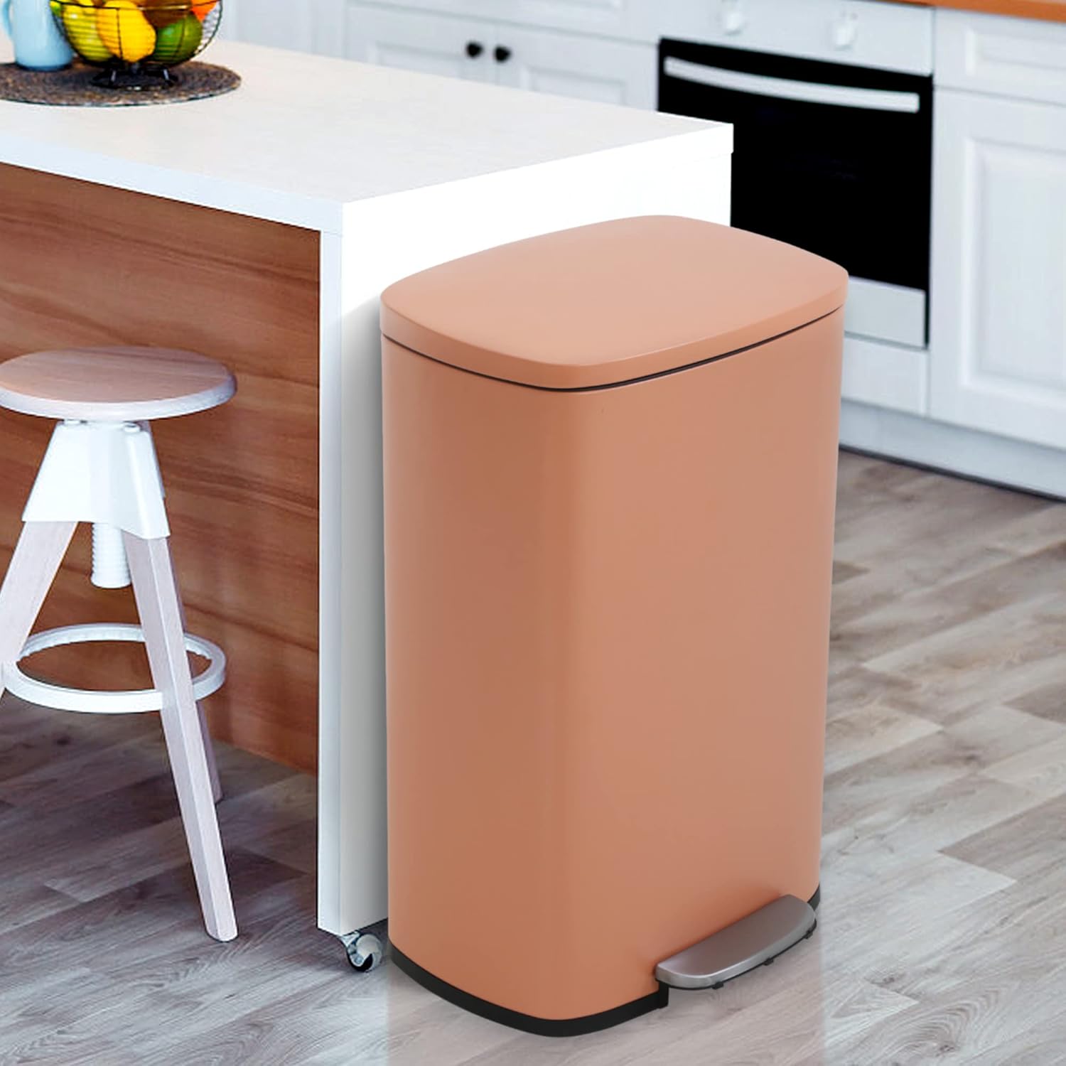 13 Gallon Trash Can, Brushed Stainless Steel Kitchen Trash Can with Soft-Close Lid, Fingerprint-Resistant Kitchen Garbage Can with Foot Pedal and Inner Bucket, Odor Proof Garbage Can, Pink