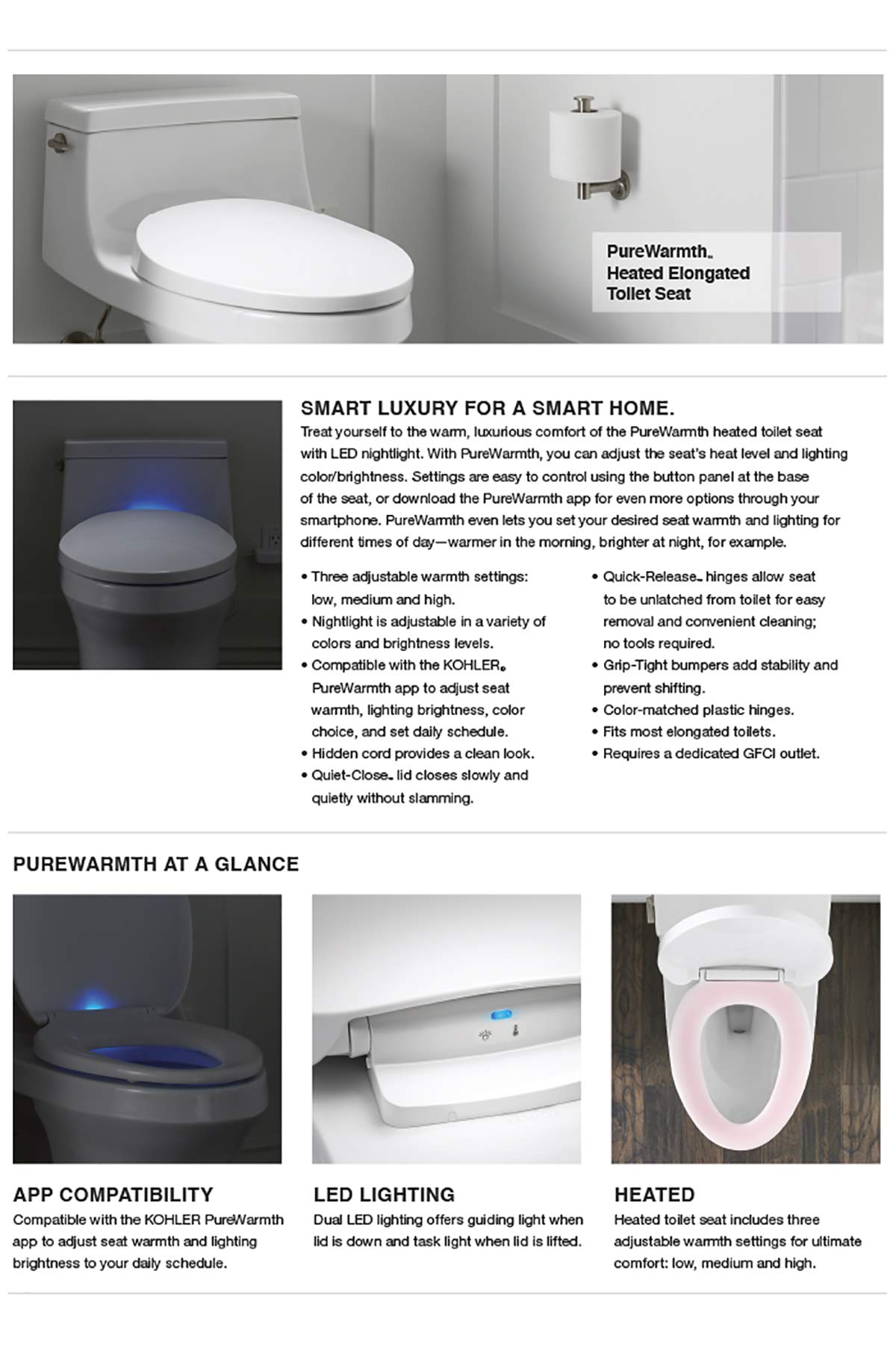 KOHLER K-10349-0 PureWarmth Heated Toilet Seat, Elongated, White with Quiet-Close Lid and Seat, Adjustable LED Nightlight and Warmth Settings, App Connected