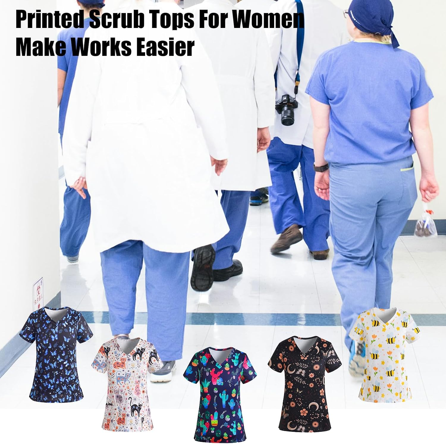 Holiday Scrub Tops for Women Short Sleeve Vneck Stretchy Nurse Workwear Uniforms Cute Printed 2 Pockets Scrub Shirt