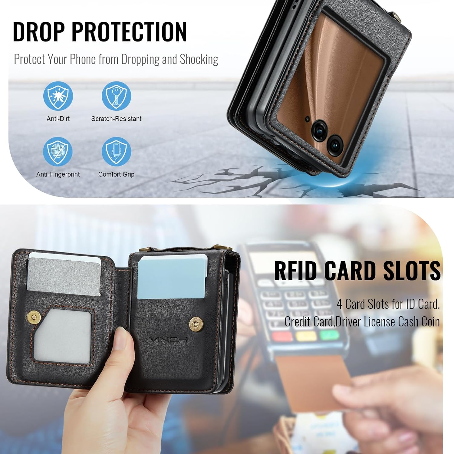 Vinich Crossbody for Motorola Razr+ Plus 2025/2024 Wallet Case with RFID Blocking Card Holder, Strap Kickstand Shockproof Flip Phone Cover for Women Men, Black
