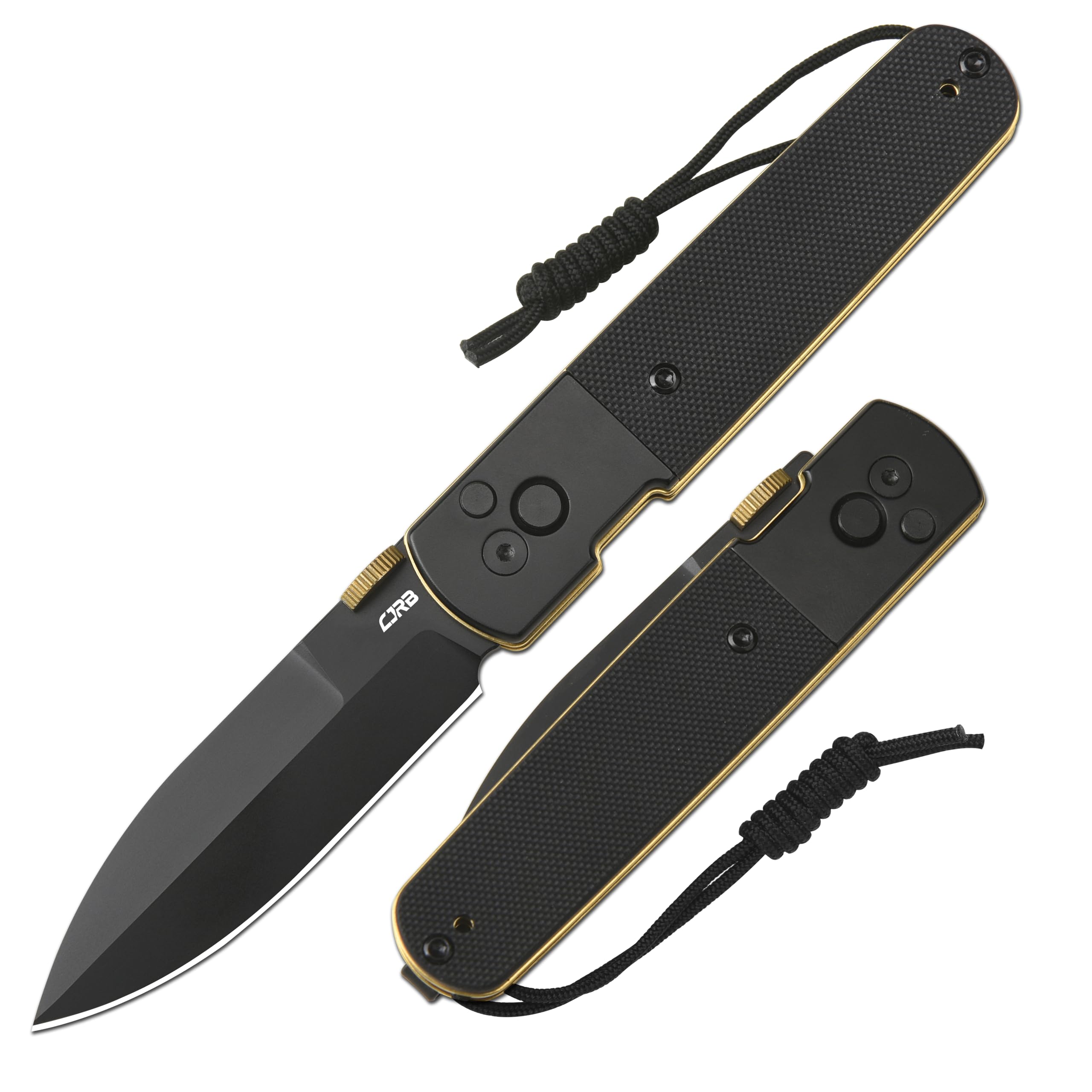 CJRB Locust Folding Knife, 3.15'' AR-RPM9 Steel Blade Pocket Knife with Black PVD Steel&G10 Inlay Handle, Button Lock with Safety Switch EDC Knife for Men Women Camping Hiking(1951-BG)