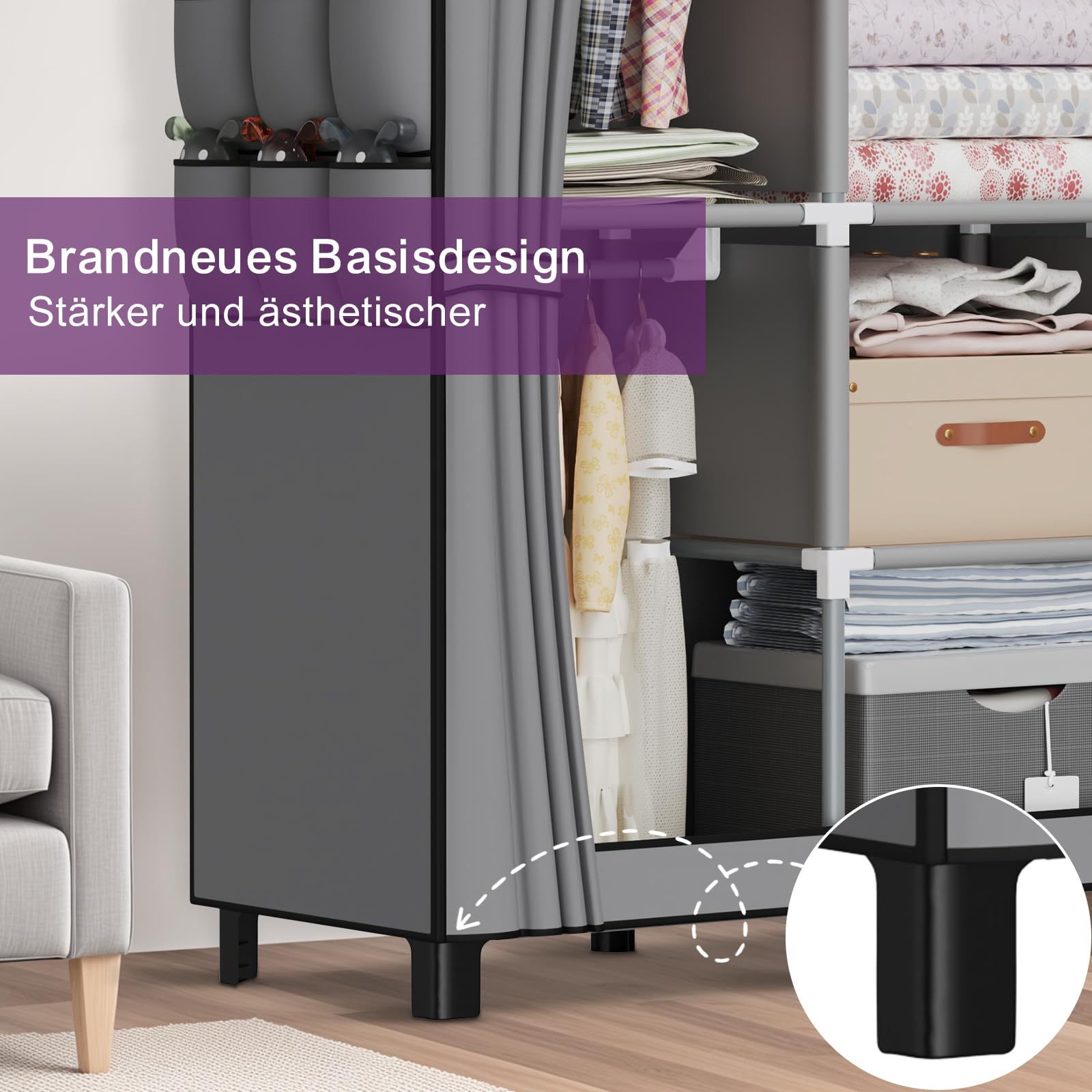 LOEFME Kleiderschrank, Stoffschrank, Faltbarer Kleiderschrank mit Kleiderstange, Stoffkleiderschrank mit 18 Seitentaschen, 45 x 130 x 172 cm, Grau