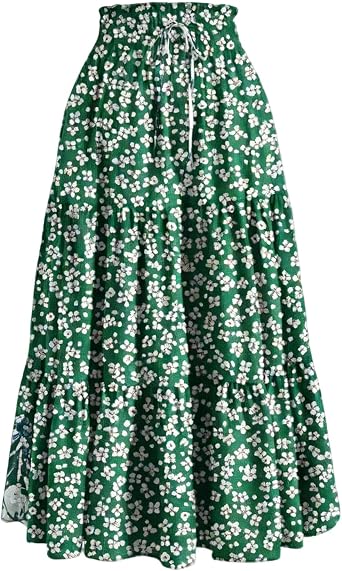 Maxi Skirts for Women Summer Tiered Elegant Elastic Waisted Drawstring Long Skirts Swing Pleated Floral A-Line Skirts