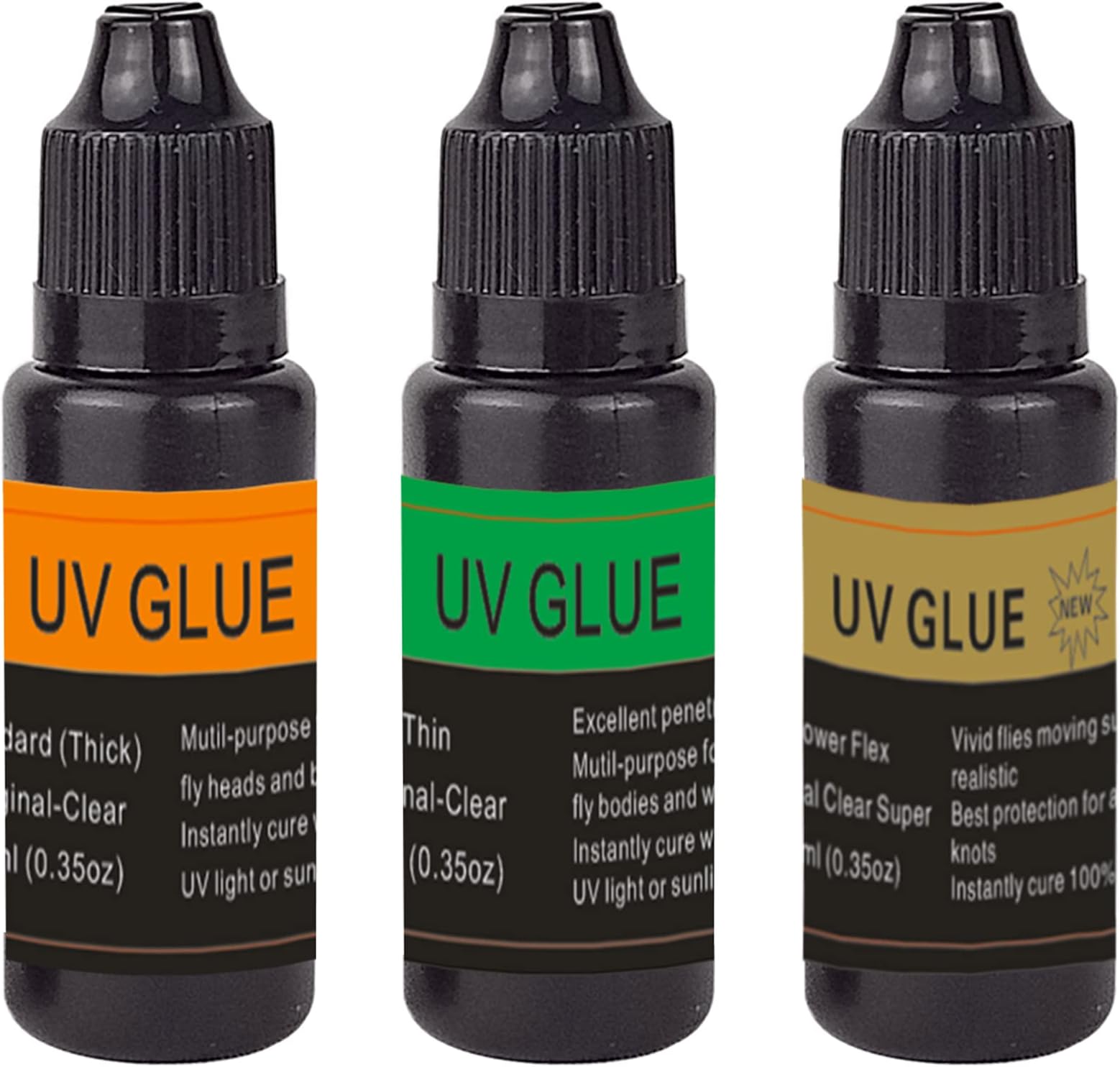 Eupheng Fly Tying UV Glue Three Formula Each 0.35oz Thick,Thin and Super Flex Fly Tying Head Cement Fly Tying for Building Flies Fly Tying Materials Kit