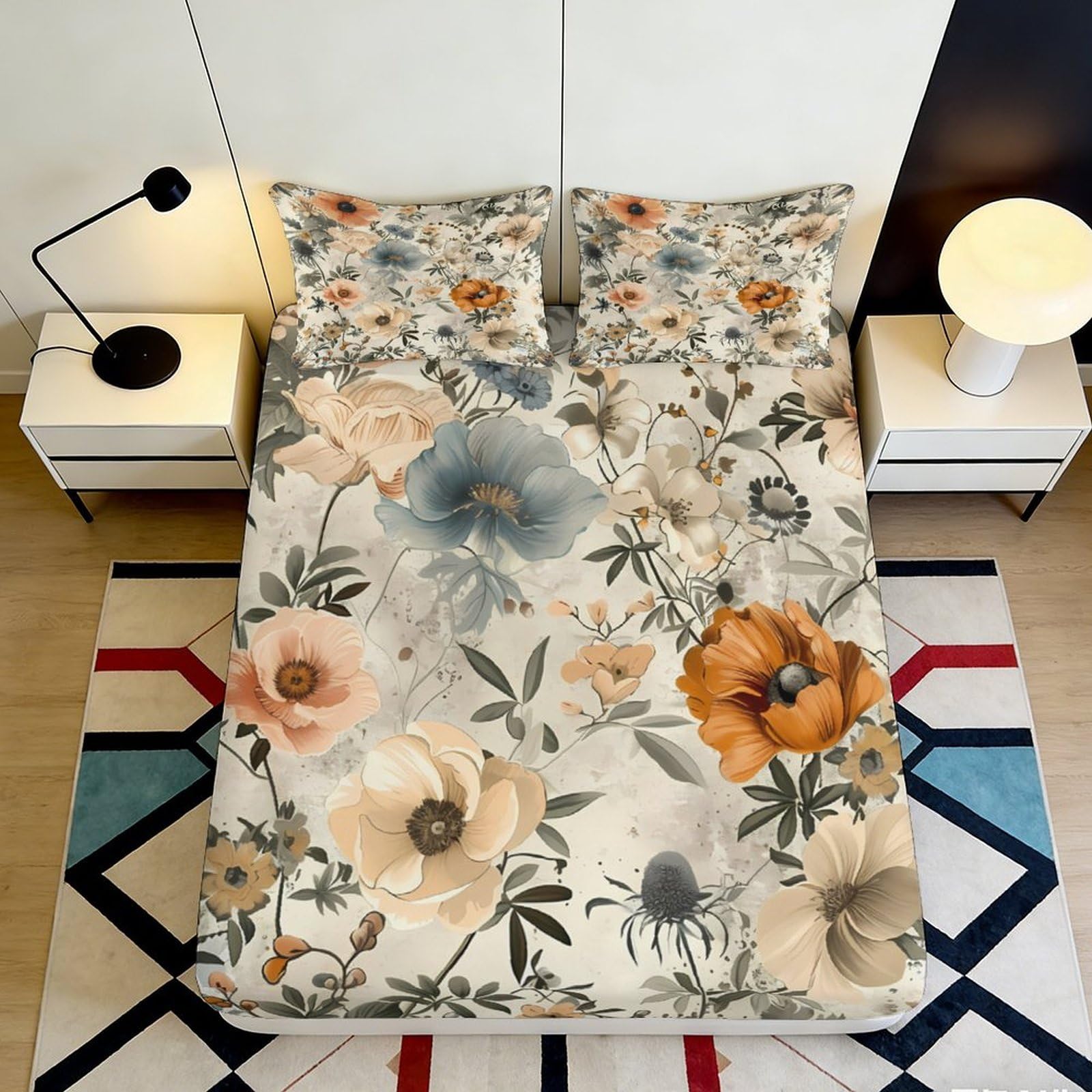 3D Printed Vintage Floral Fitted Sheet Microfiber Soft Breathable Watercolor Botanical Mattress Cover Bedroom Decor 90x200x25cm