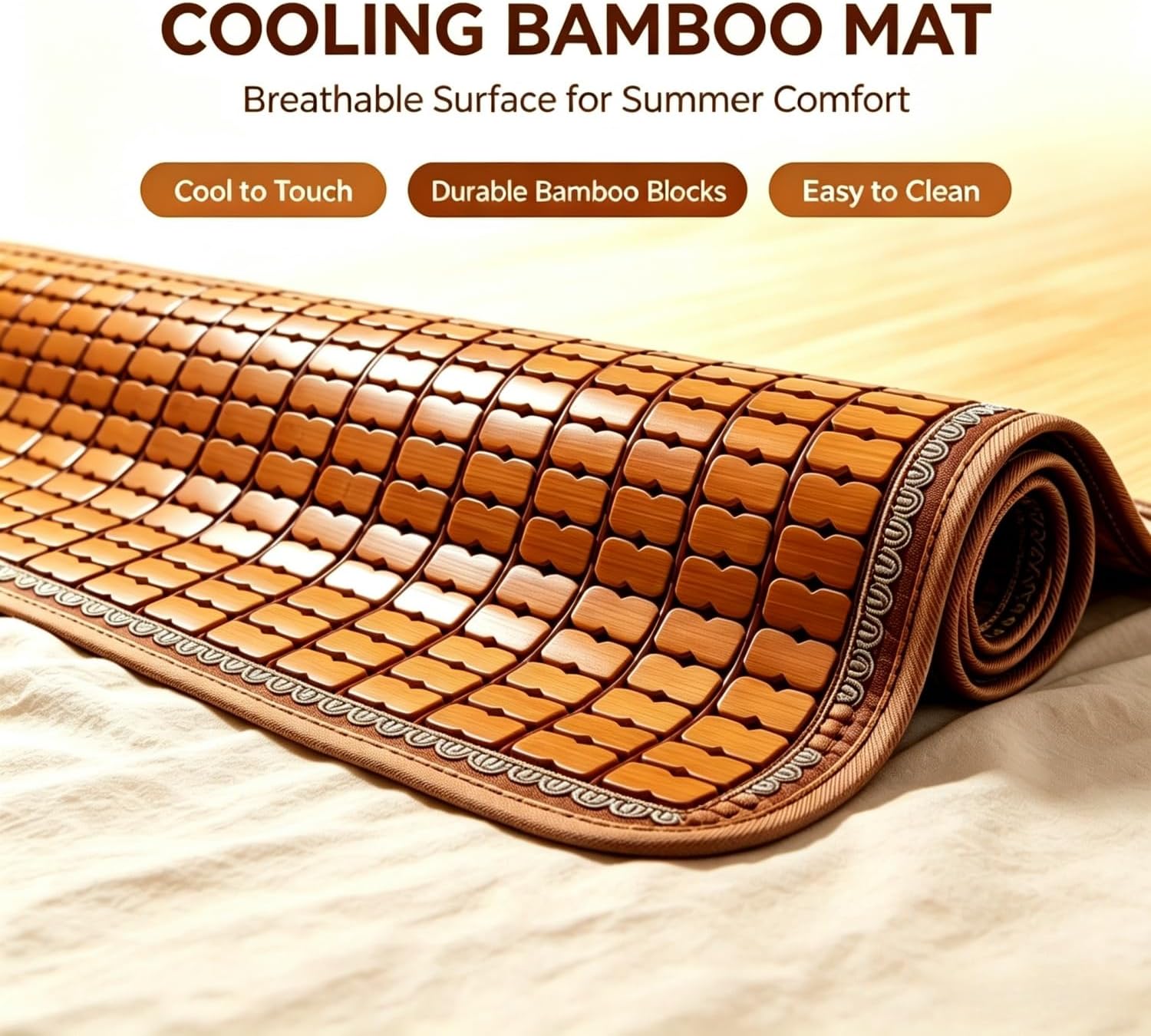 HJJKKH Summer Wood Sleeping Mat, Foldable Cooling Mat for Bed, Non-Slip Breathable Home Quick Cooling Bed Mattress Cover for Home School Dormitory Bedroom (35.4 x 74.8 inches)