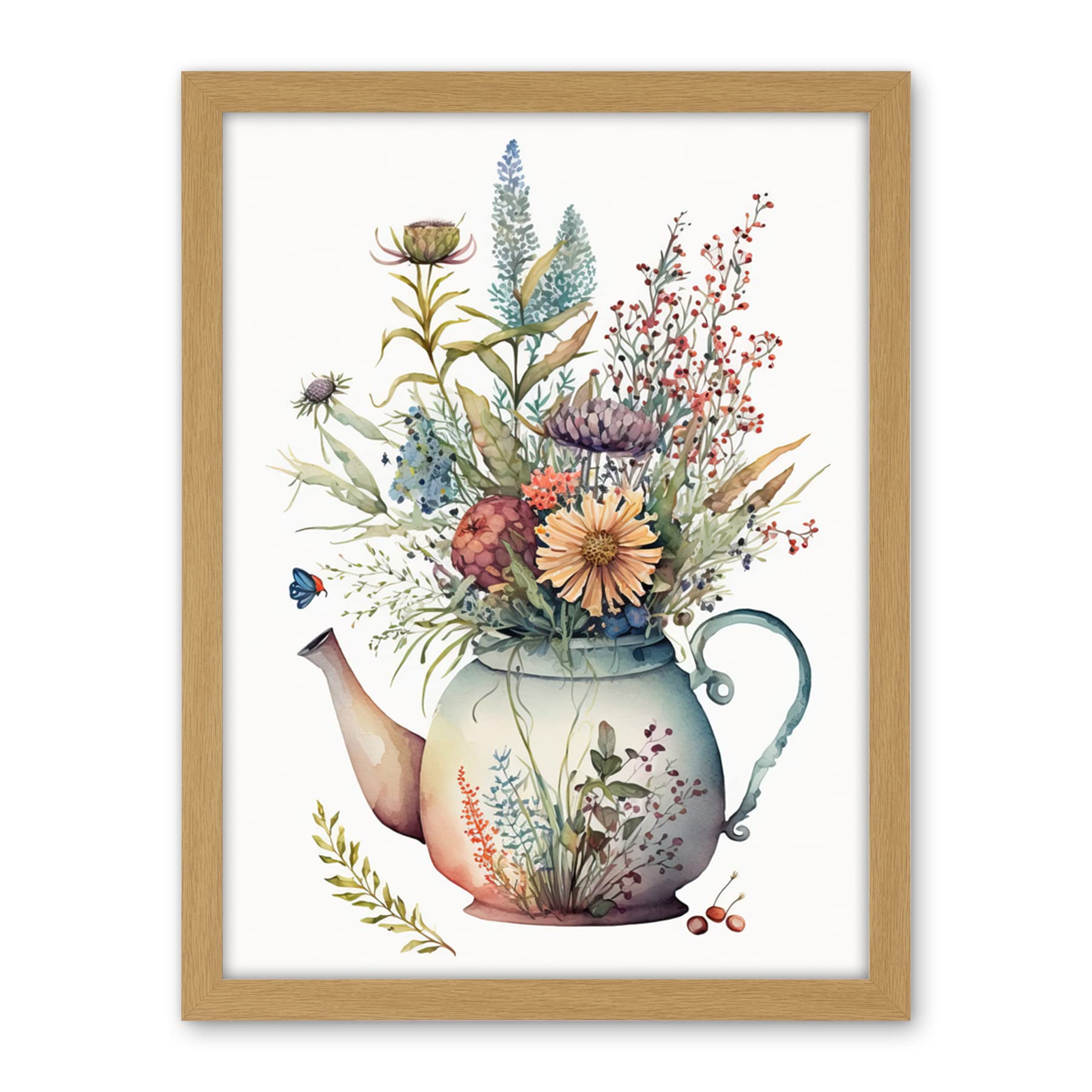 Artery8 Wildflower Floral Bouquet in China Pattern Teapot Artwork Framed Wall Art Print 18X24 Inch