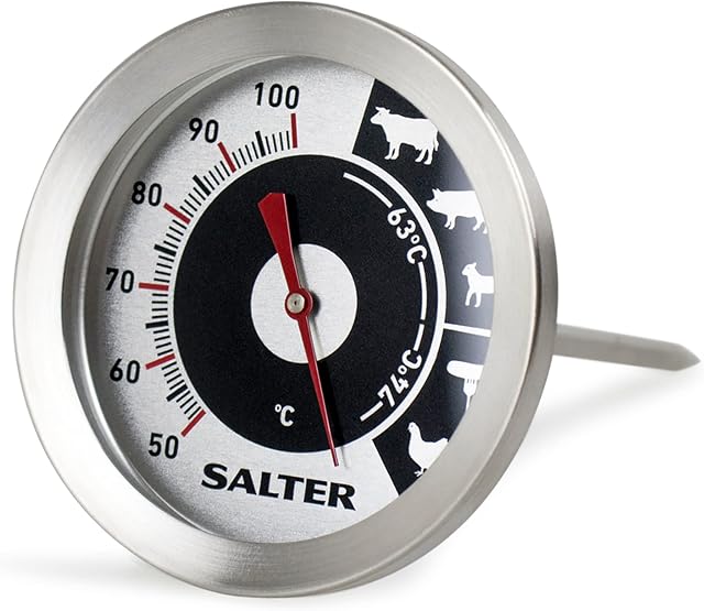 Salter 512 SSCR Analogue Meat Thermometer, Easy Read Bold Display, Stainless Steel Body with Glass Lens, Temp Range 50 °C - 100 °C, Dial Face, For Indoor/Outdoor, BBQ, Food Probe