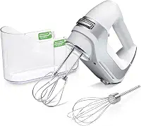 Hamilton Beach Batedeira elétrica profissional de 5 velocidades com motor CC de alto desempenho, partida lenta, estojo de armazenamento de encaixe, batedores e whisk de aço inoxidável, branco (62652)