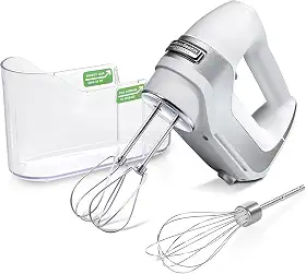 Hamilton Beach Batedeira elétrica profissional de 5 velocidades com motor CC de alto desempenho, partida lenta, estojo de armazenamento de encaixe, batedores e whisk de aço inoxidável, branco (62652)