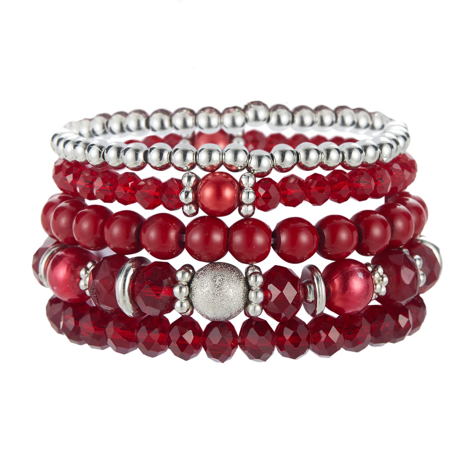 Noessla Beaded Pearl Stretch Bracelet Silver Stackable Crystal Beads Bracelets Trendy Costume Jewelry Mothers Day Gifts for Women