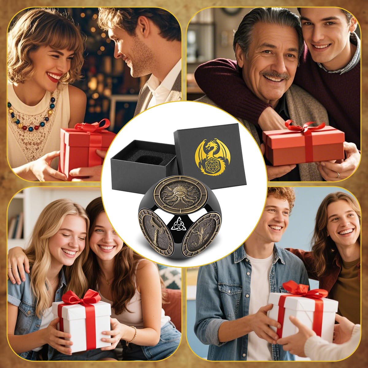 Dés Rotatifs du Bout des Doigts DND, 7-en-1 Métallique D&D Dés avec Relief 3D, Dés Polyédriques Tournants D&D, Cadeaux DND avec Boîte Cadeau, RPG, Jeu de Rôle, Accessoires de Jeu de Société, Noir