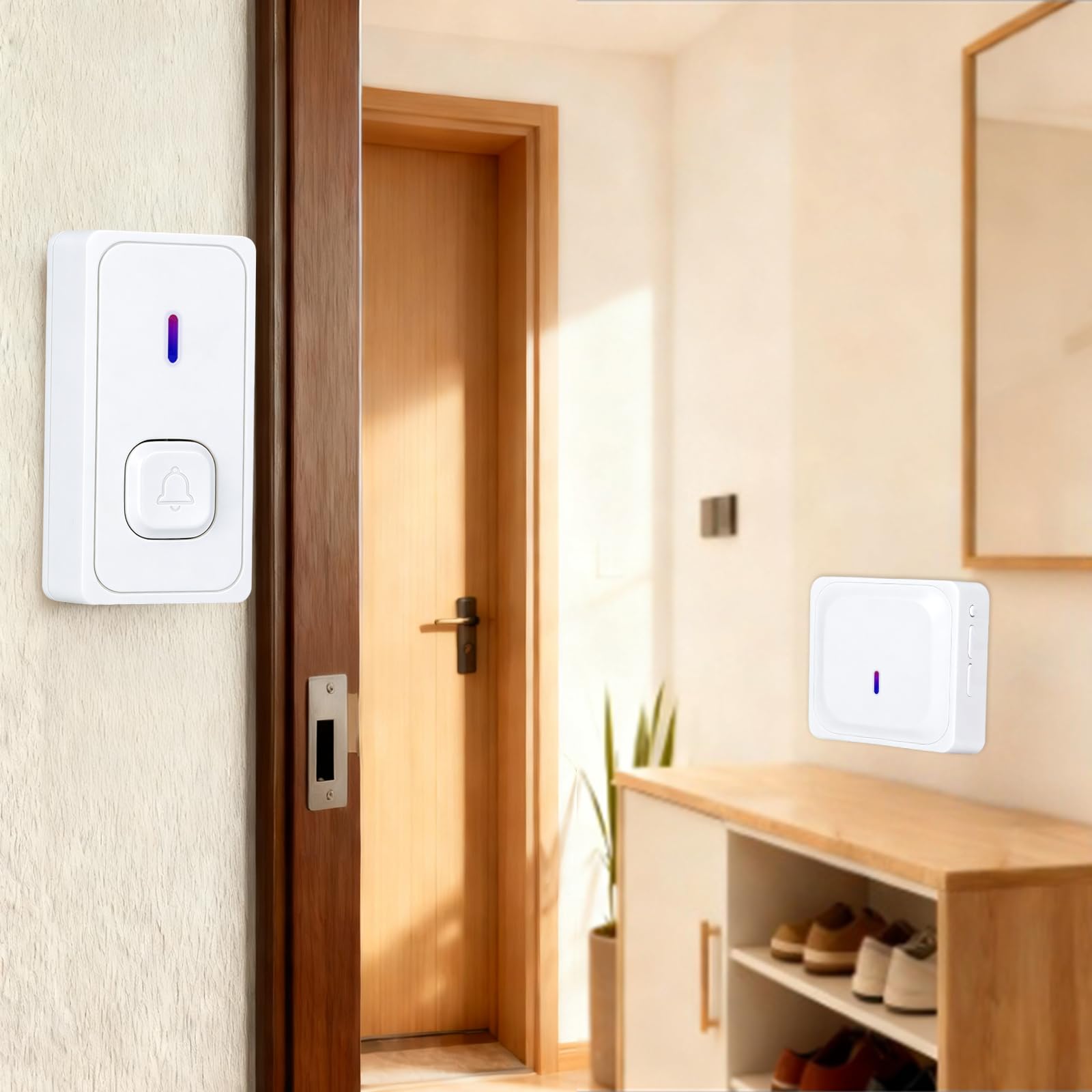 Kit sonnette de porte sans fil avec 2 récepteurs et 1 émetteur - Sonnette de porte étanche à l'extérieur - Portée de 300 m - 58 mélodies - 4 niveaux de volume - Avec flash LED (blanc)