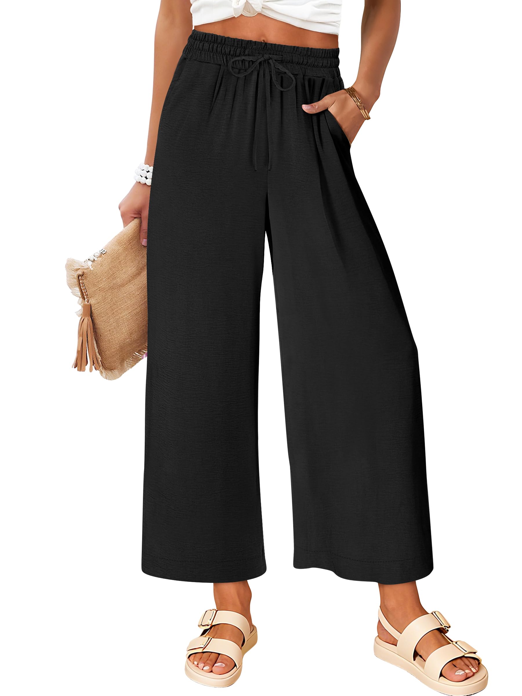 ANRABESS Women Wide Leg Capri Pants Summer Palazzo High Waisted Casual Loose Lounge Flowy Cropped Beach Trousers Work