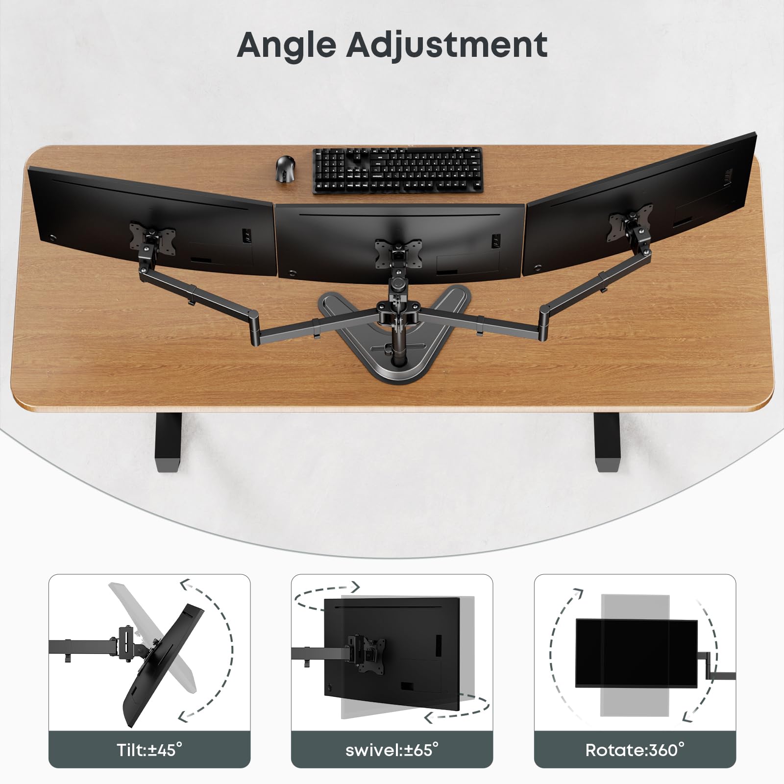 Soporte Triple para Monitor, Soporte de Escritorio Totalmente Ajustable para 3 Pantallas de hasta 27 Pulgadas, Base Ponderada y Gestión de Cables, Capacidad de 22 lbs por Brazo, Negro