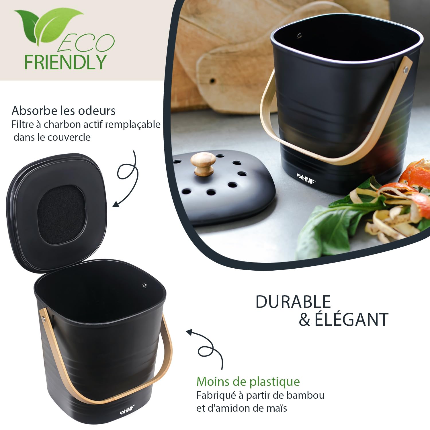 HMF Seau à Compost 3 L Noir Poubelle Bio Durable avec Couvercle