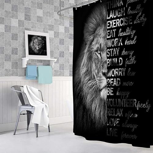 Miniatura 4 de MERCHR Cortina de ducha con citas de león para baño, juego de cortinas de ducha de tela de animales salvajes africanos de león en blanco y negro,