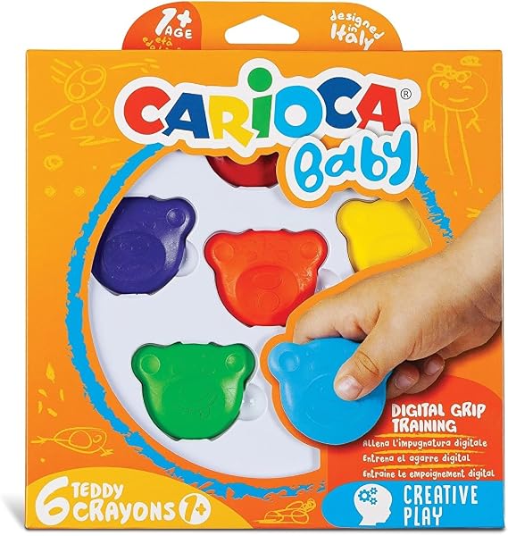 CARIOCA Baby Wax Crayons 6 Bear-Shaped Non-Toxic Crayons for Toddlers, Washable, Chunky First Art Tools, Daycare & Preschool Supplies, Made in Italy