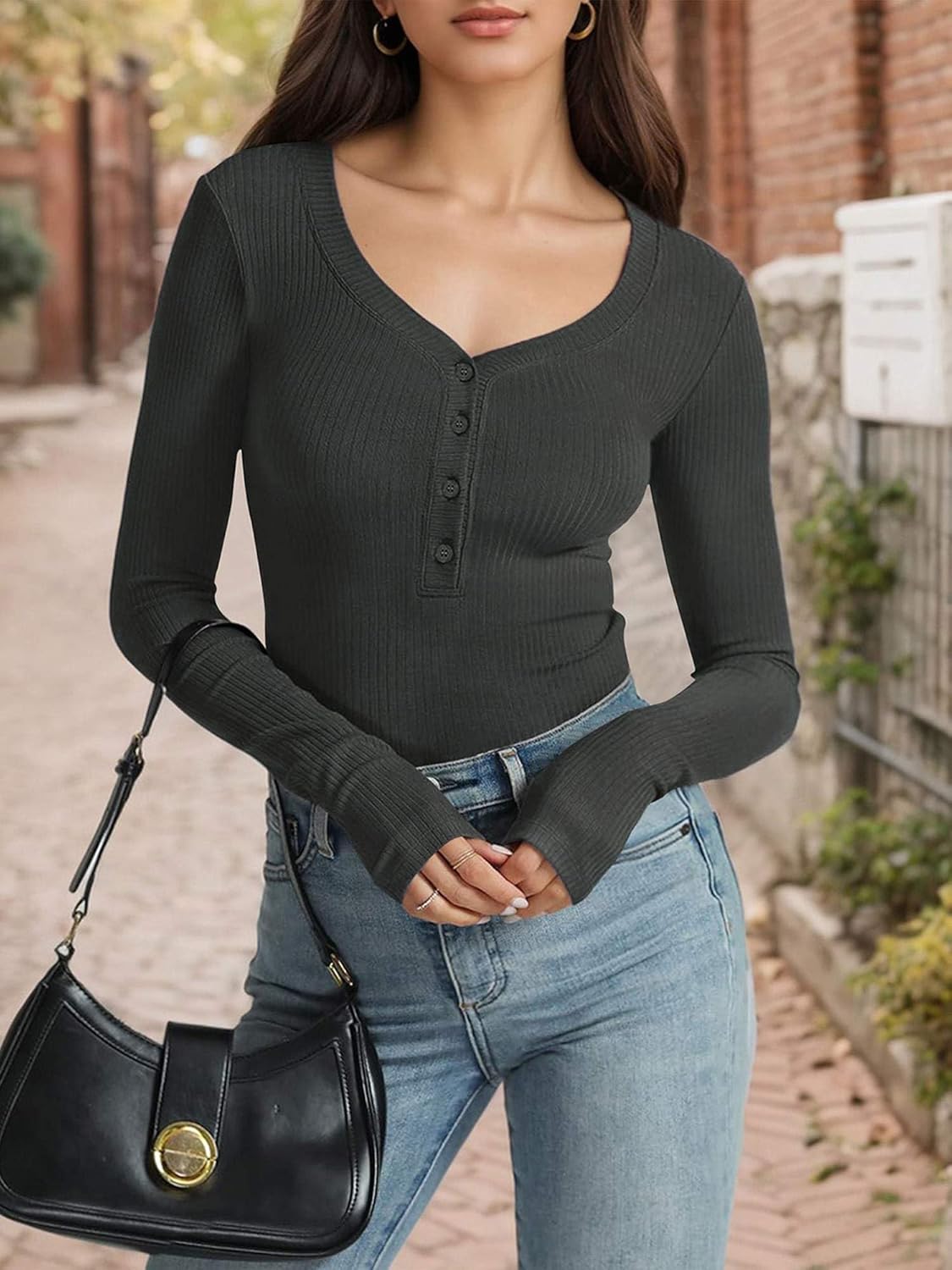 Women's Long Sleeve V Neck Shirt Sexy Henley Tight Slim Fitted Going Out Top Ribbed Button Fall Fashion Dark Gray L - Image 3